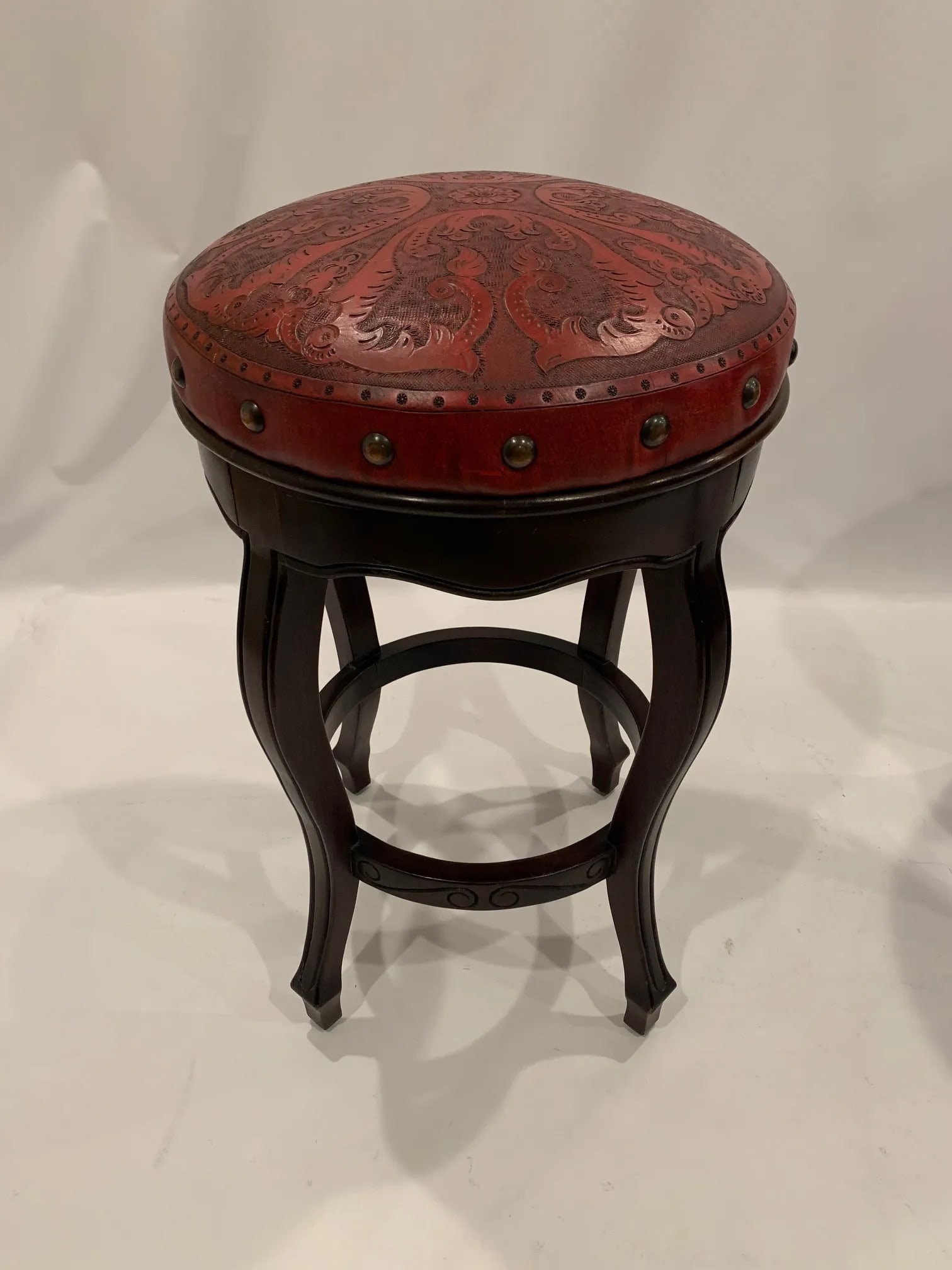 Italian Embossed Leather and Wood Bar Stools -A Pair - 3