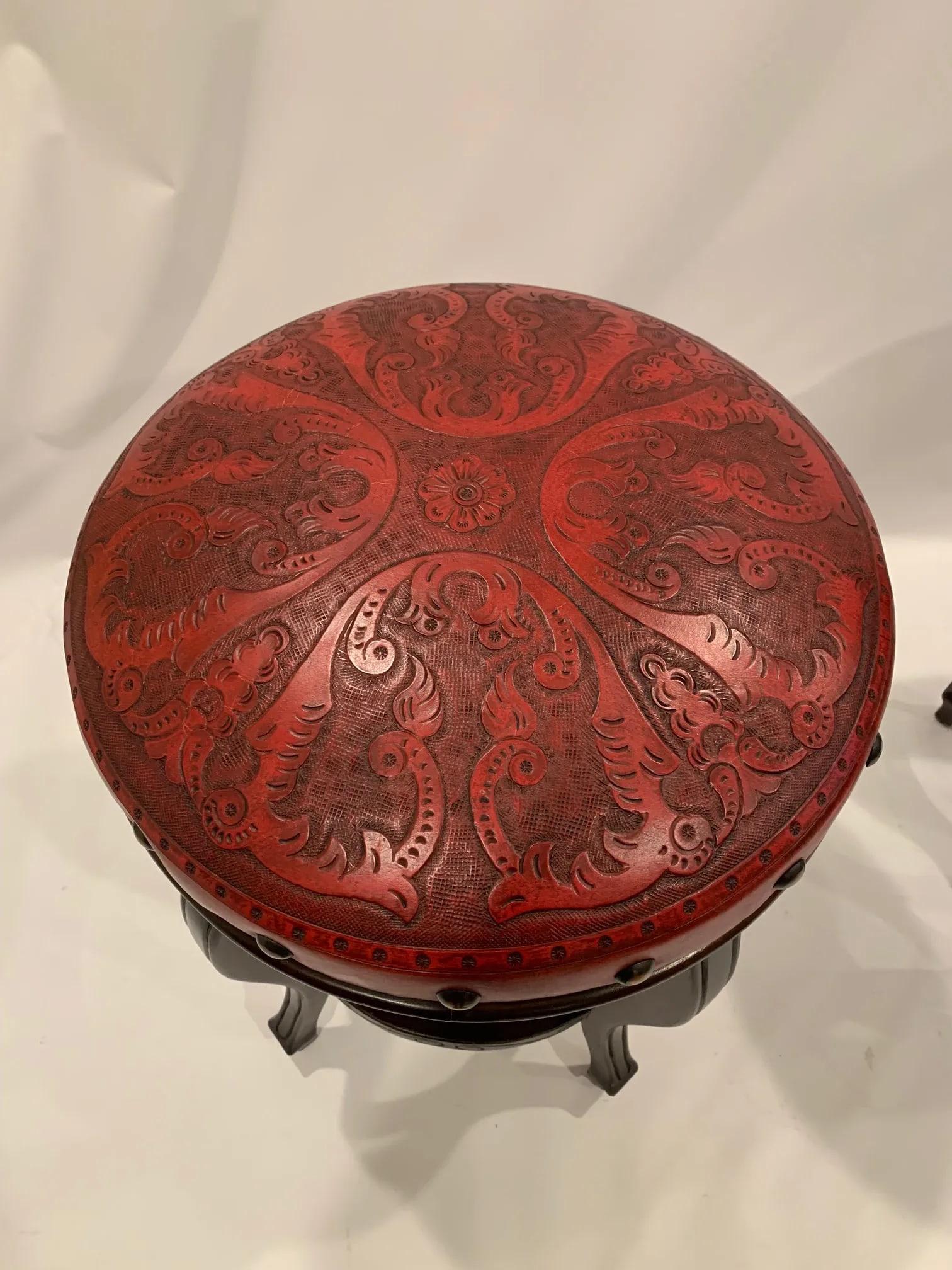 Italian Embossed Leather and Wood Bar Stools -A Pair - 4