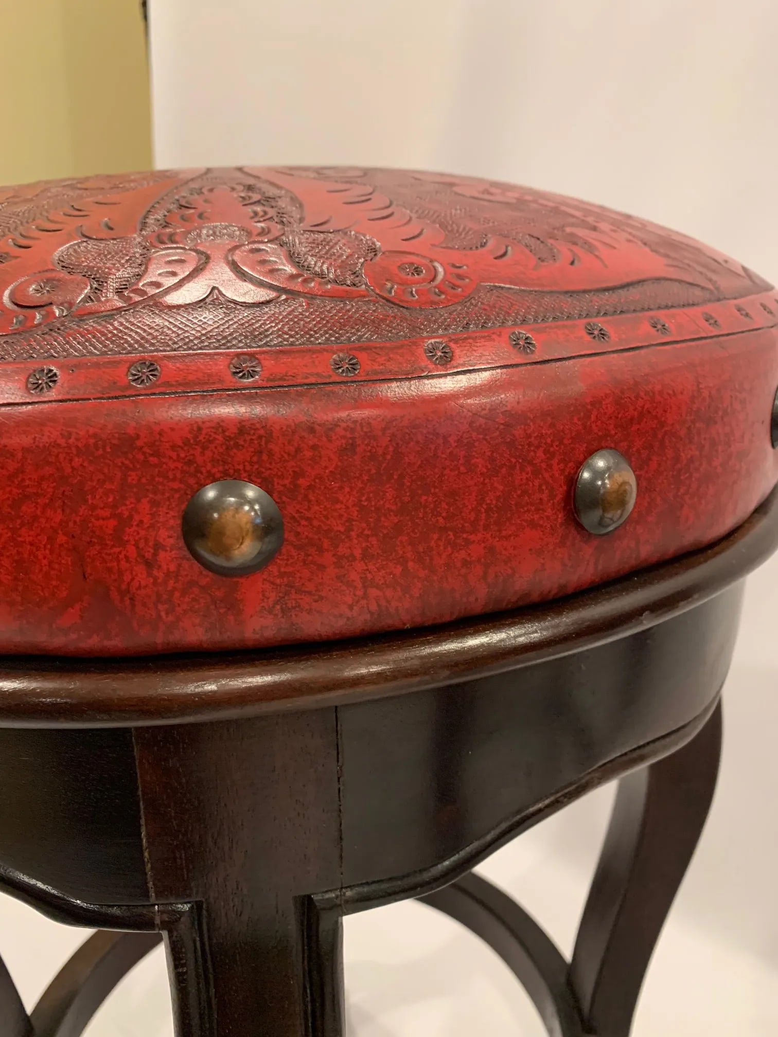Italian Embossed Leather and Wood Bar Stools -A Pair - 5