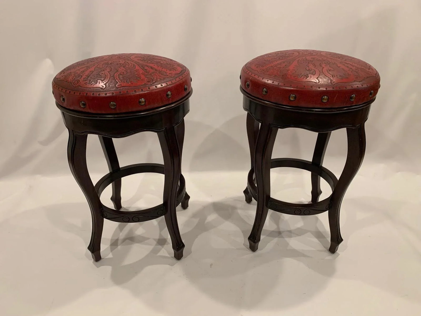 Italian Embossed Leather and Wood Bar Stools -A Pair - 9