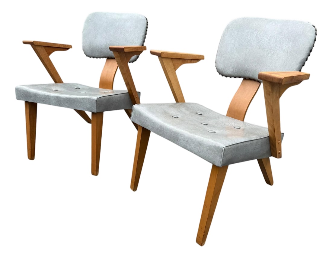Pair of Mid-Century Modern Armchairs by Custom & Modern Upholstering Co., Gardner Ma, C. 1950: A striking pair of American mid-century modern armchairs made by the Custom & Modern Upholstering Co. of Gardner, Massachusetts - the legendary "Chair City" that once produced 1.5 million chairs per