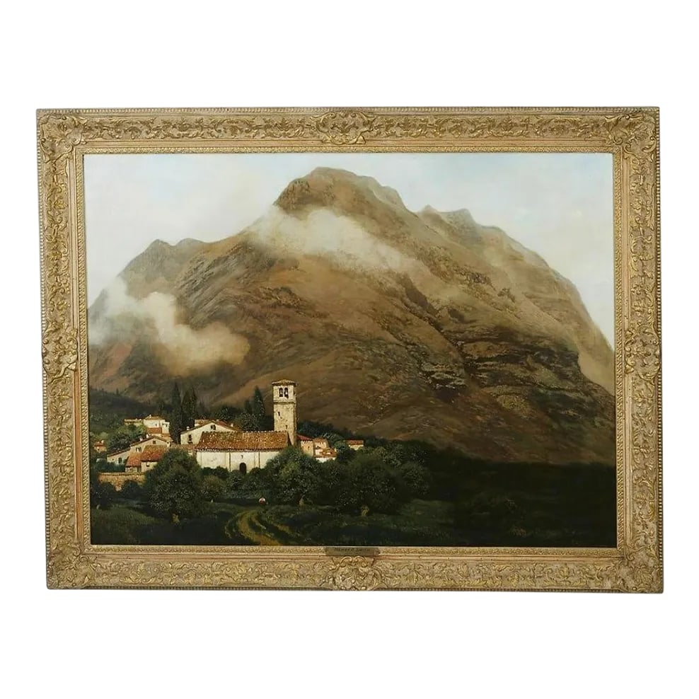 Late 19th Century Italian Mountain Landscape Oil Painting by Henry Pember Smith, Framed: Signed Henry Pember Smith (American, 1854-1907) Italian mountain landscape, executed in oil on canvas, depicting a village in the lush valley of an impressive mountain, signed lower left, 35"h x 47"w,