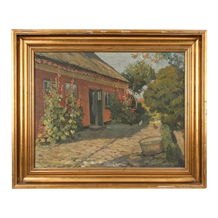 1930s Signed & Dated Danish Landscape | Oil on Canvas: This signed oil on canvas depicts a charming cottage garden in a warm, naturalistic Impressionist style. Rich terracotta and earthy ochre tones of the house and stone path are balanced by deep olive g