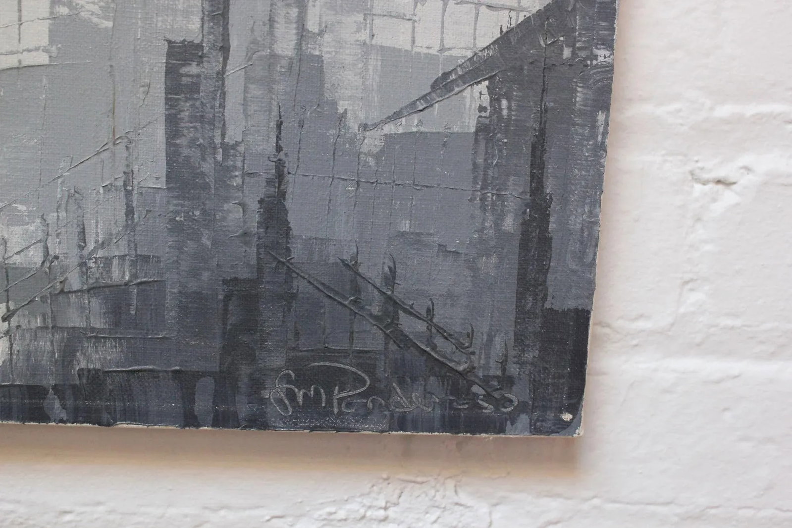 Gray Tonal Abstract Expressionist Oil on Canvas Cityscape by Louis M. Ponderoso - 11