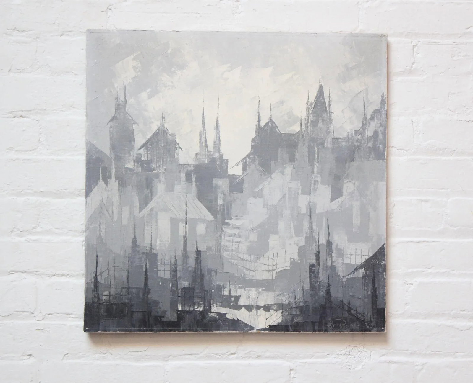 Gray Tonal Abstract Expressionist Oil on Canvas Cityscape by Louis M. Ponderoso - 13
