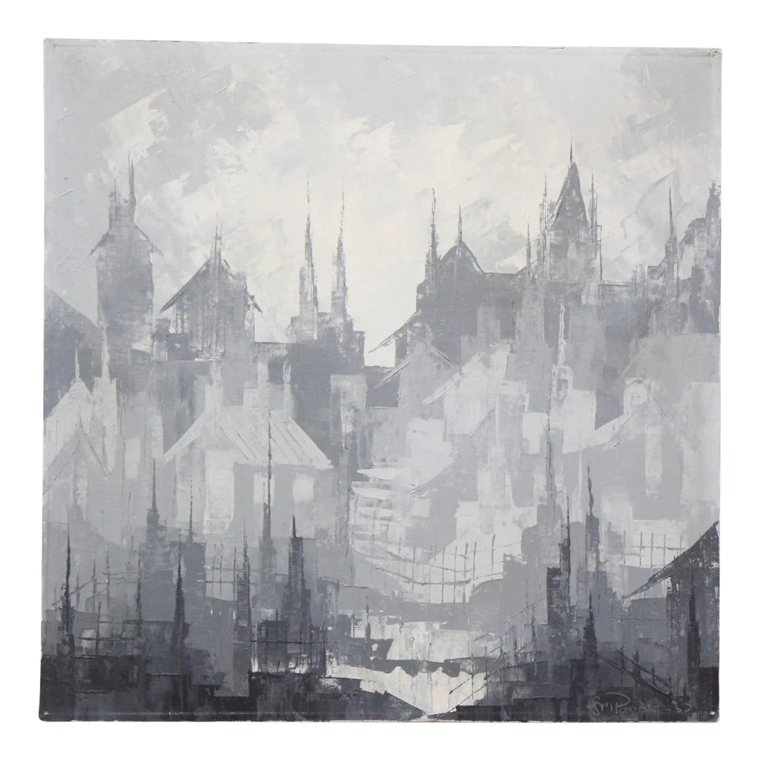 Gray Tonal Abstract Expressionist Oil on Canvas Cityscape by Louis M. Ponderoso: Gray tonal abstract oil on canvas by Louis M. Ponderoso (New York, 1938-1997) depicting an industrial cityscape. Measures: Unframed: H: 20" x L: 20" x D: 0.75" Signed: LM Ponderoso Light corner wear,