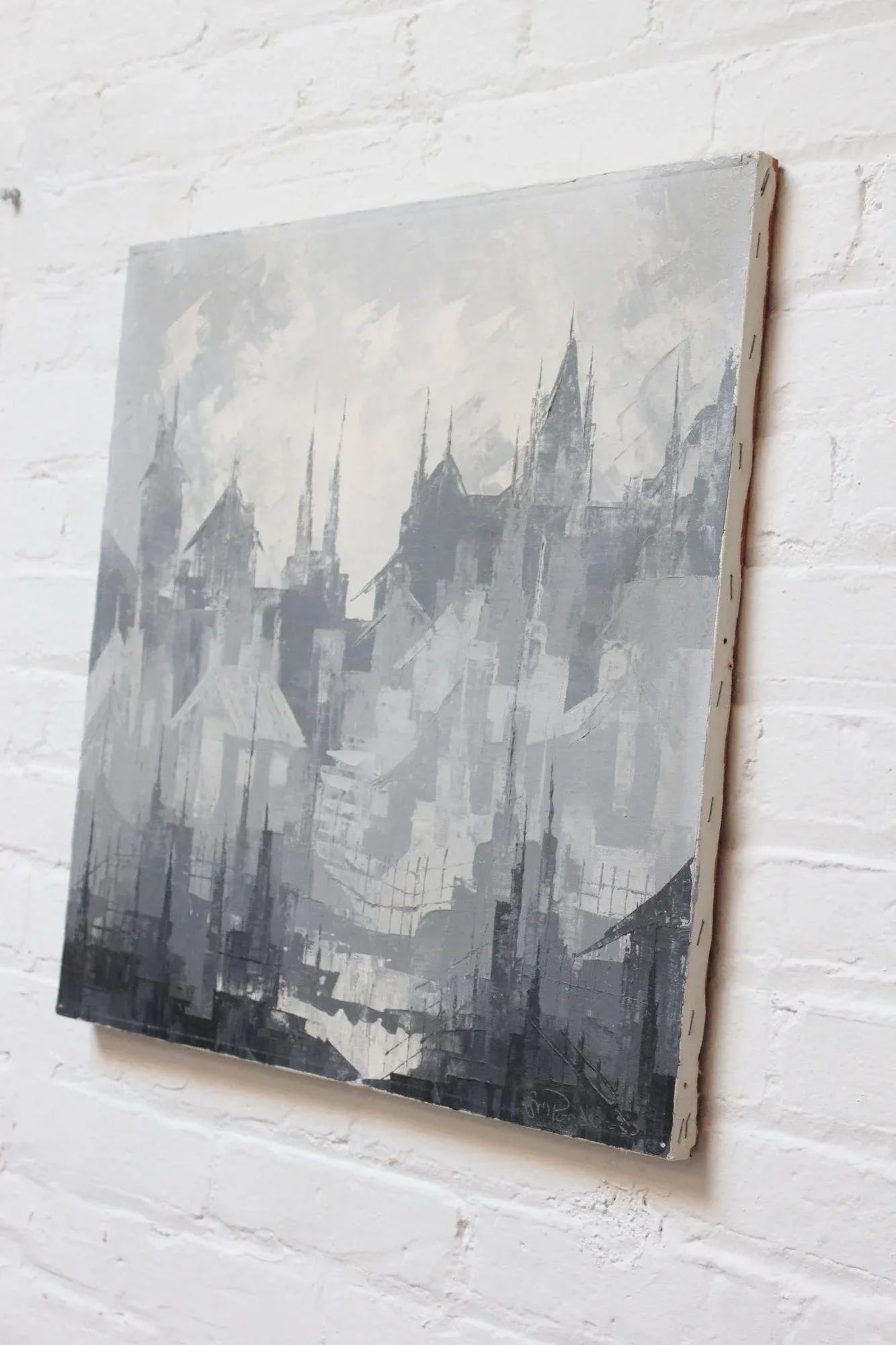 Gray Tonal Abstract Expressionist Oil on Canvas Cityscape by Louis M. Ponderoso - 3
