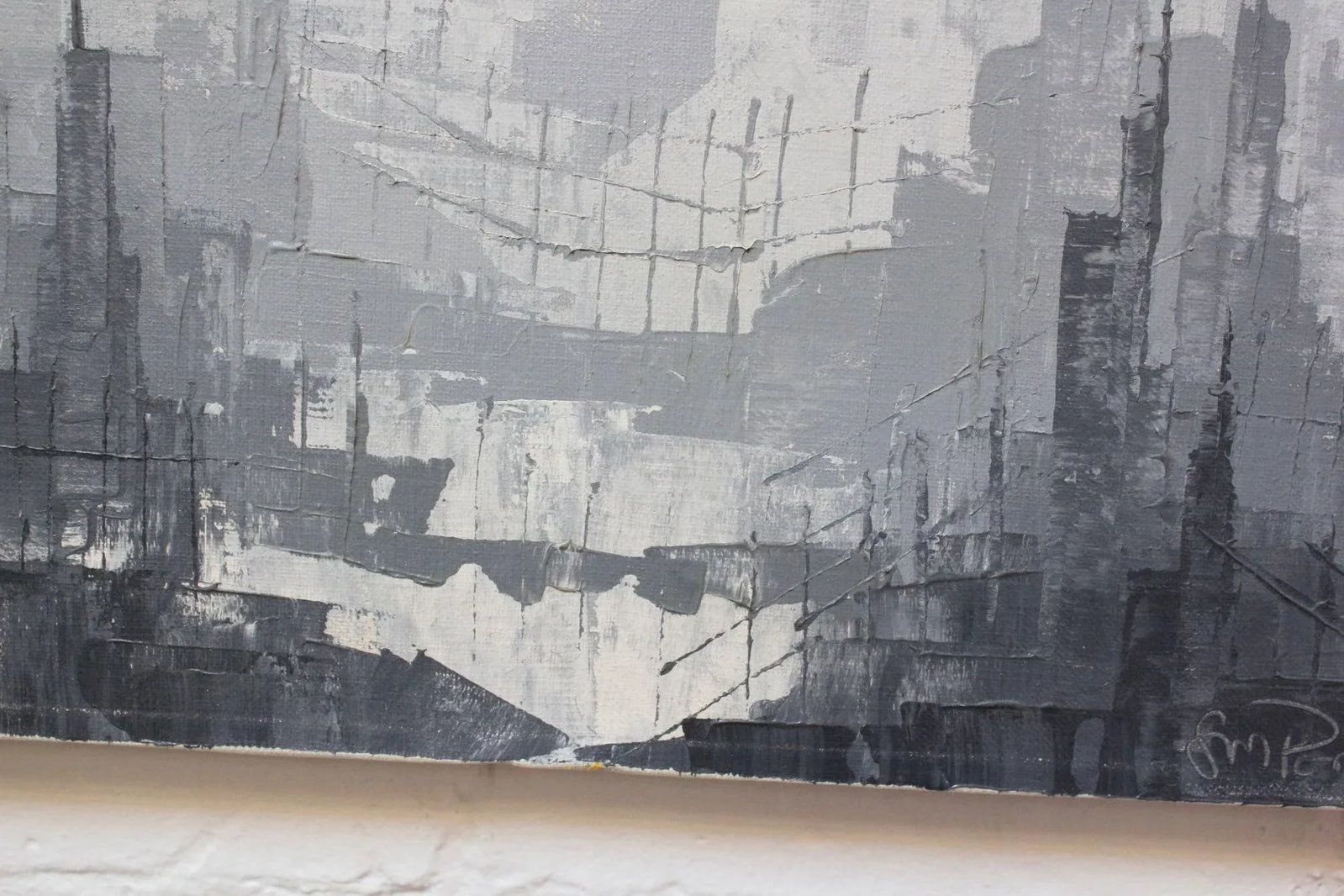 Gray Tonal Abstract Expressionist Oil on Canvas Cityscape by Louis M. Ponderoso - 8