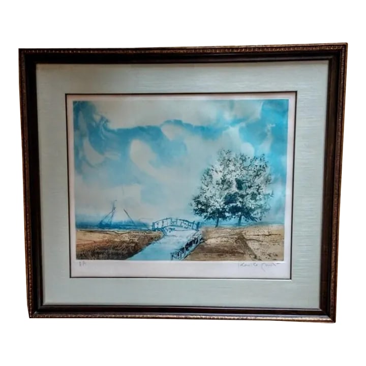 "A Small Bridge" 1969 Kaiko Moti Aquatint Artist's Proof: "A Small Bridge", Large artist proof aquatint by renowned artist Kaiko Moti, signed at the bottom right by the artist. Overall framed size is 27.5 by 31.5 inches. The image is approximately 21.5 by 16