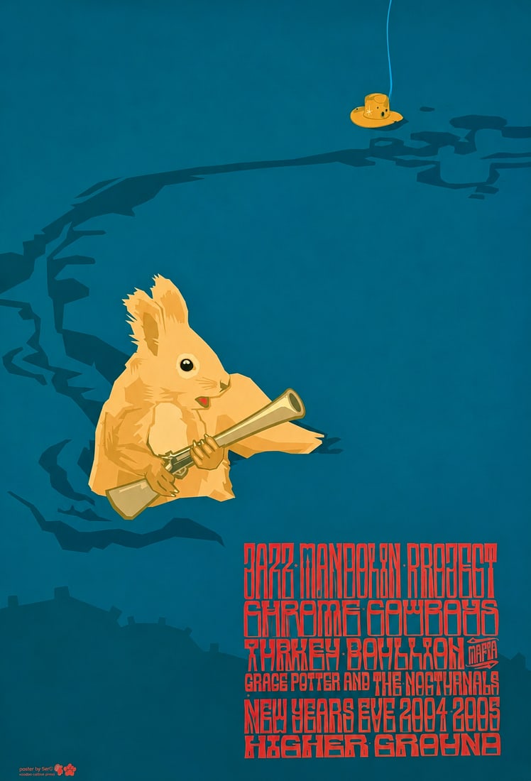 Jazz Mandolin Project: New Year's Eve 2004-2005, Concert Poster: Concert poster for a New Year's Eve 2004-2005 performance at Higher Ground, featuring Jazz Mandolin Project with Emma Poynter, Turkey Bayou, and Grace Potter and the Nocturnals. The striking graphic