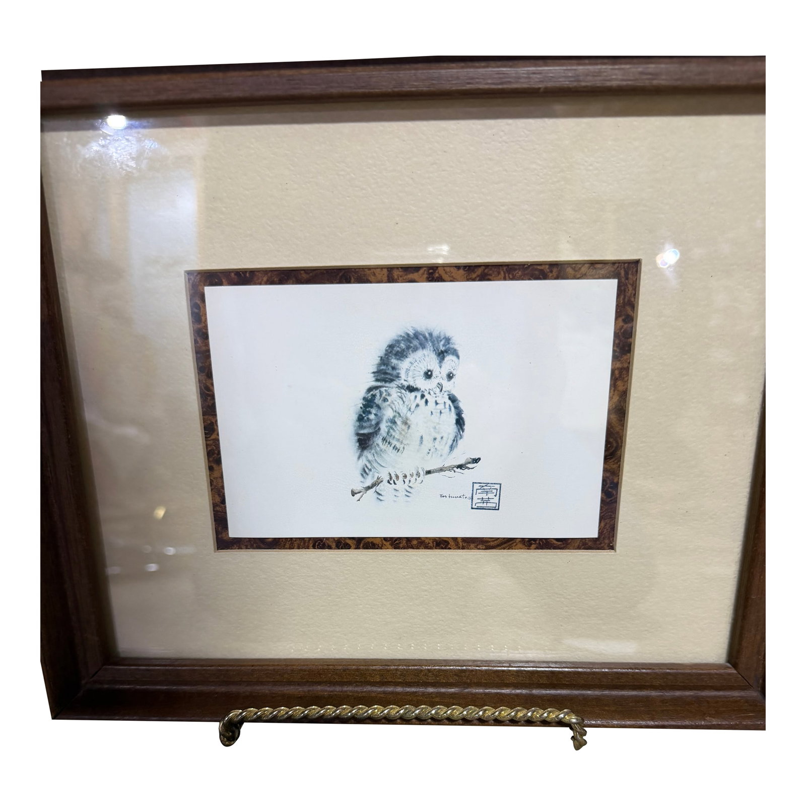Vintage Framed Owl Ink Wash Print by Nancy Anstedt ("Fortunato"): Add a touch of vintage charm and serene natural beauty to your space with this exquisite framed owl print. Rendered in a delicate, Japanese sumi-e style ink wash technique, this piece captures a