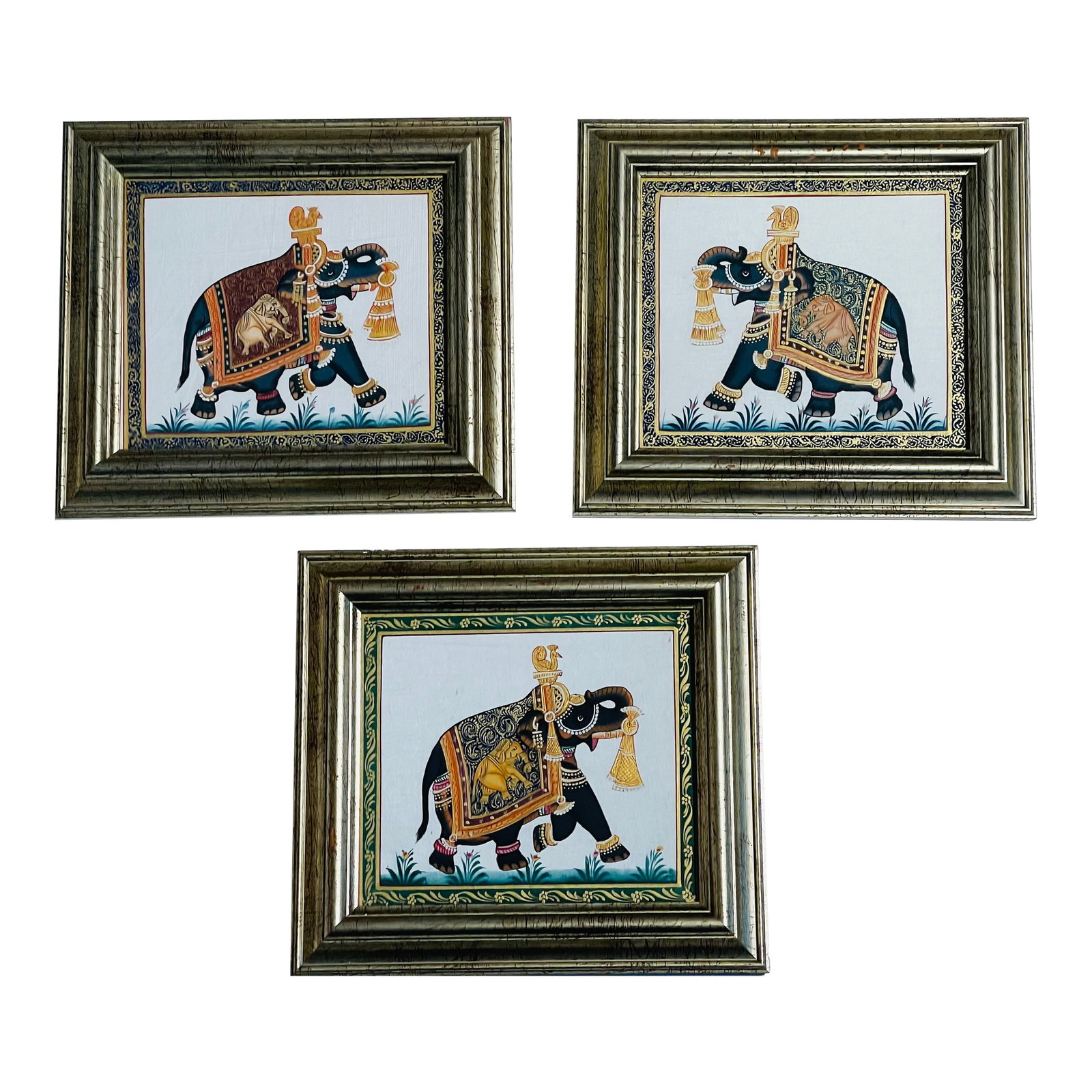 Vintage British Colonial Elephant Silkscreens Frames - Set of 3: Set of 3 vintage British Colonial elephant silkscreens frames . Condition: Alterations: Original Condition Unaltered Imperfections: Some Imperfections Condition Notes: Good Origin: India Materials