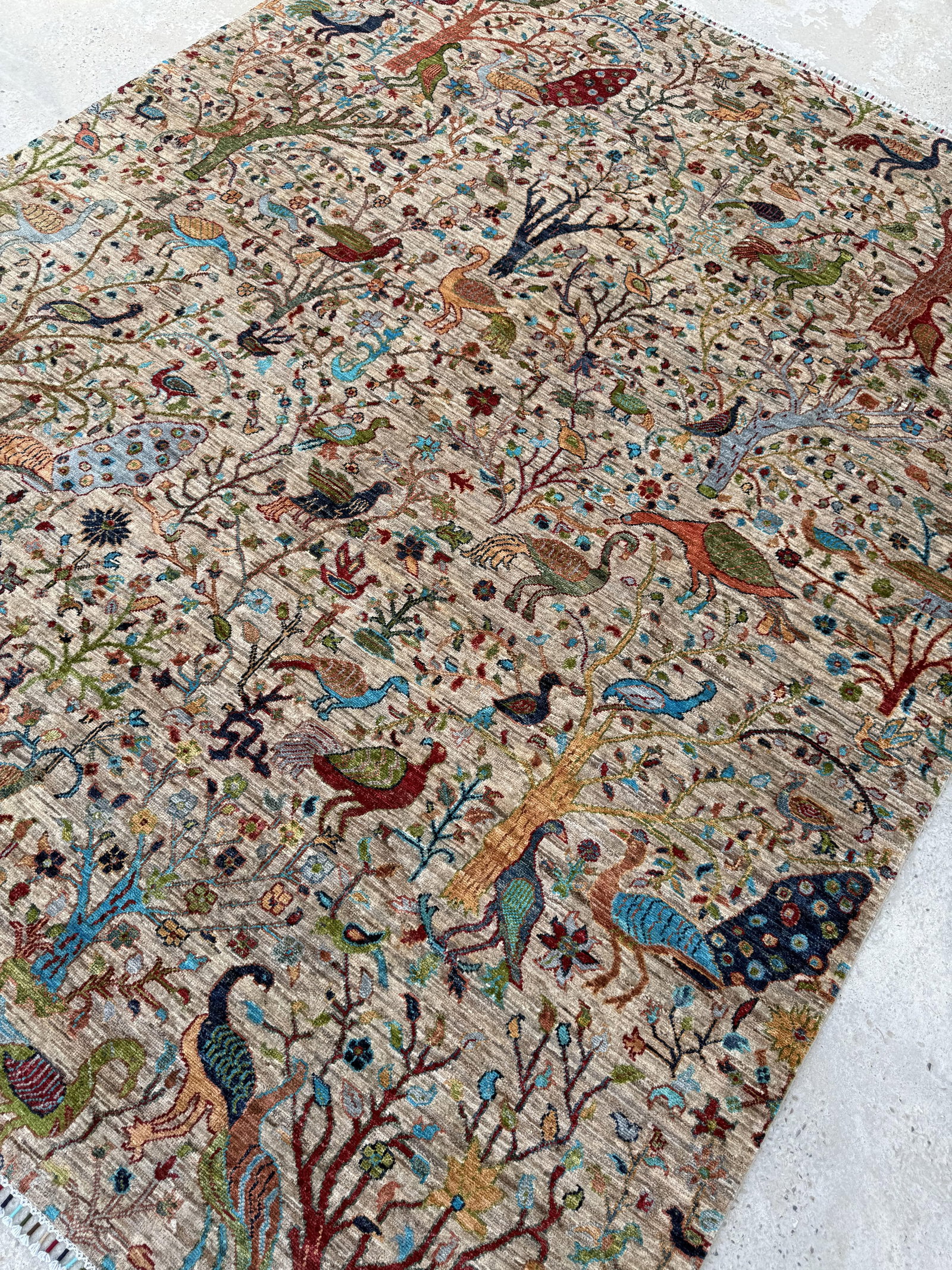 Bird of Paradise Area Rug, Hand-Knotted Wool, Pictorial, 8x10, Beige & Teal - 11