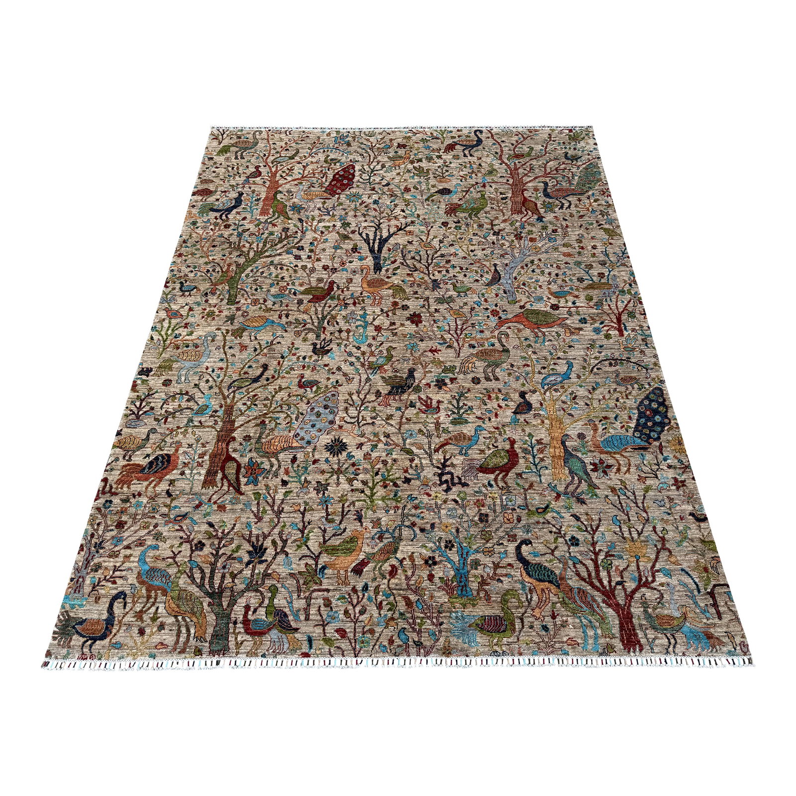 Bird of Paradise Area Rug, Hand-Knotted Wool, Pictorial, 8x10, Beige & Teal: A hand-knotted Bird of Paradise rug, woven in Afghanistan on a soft oatmeal ground and filled edge to edge with a garden of paradise: flowering trees, peacocks, pheasants, cranes, songbirds,