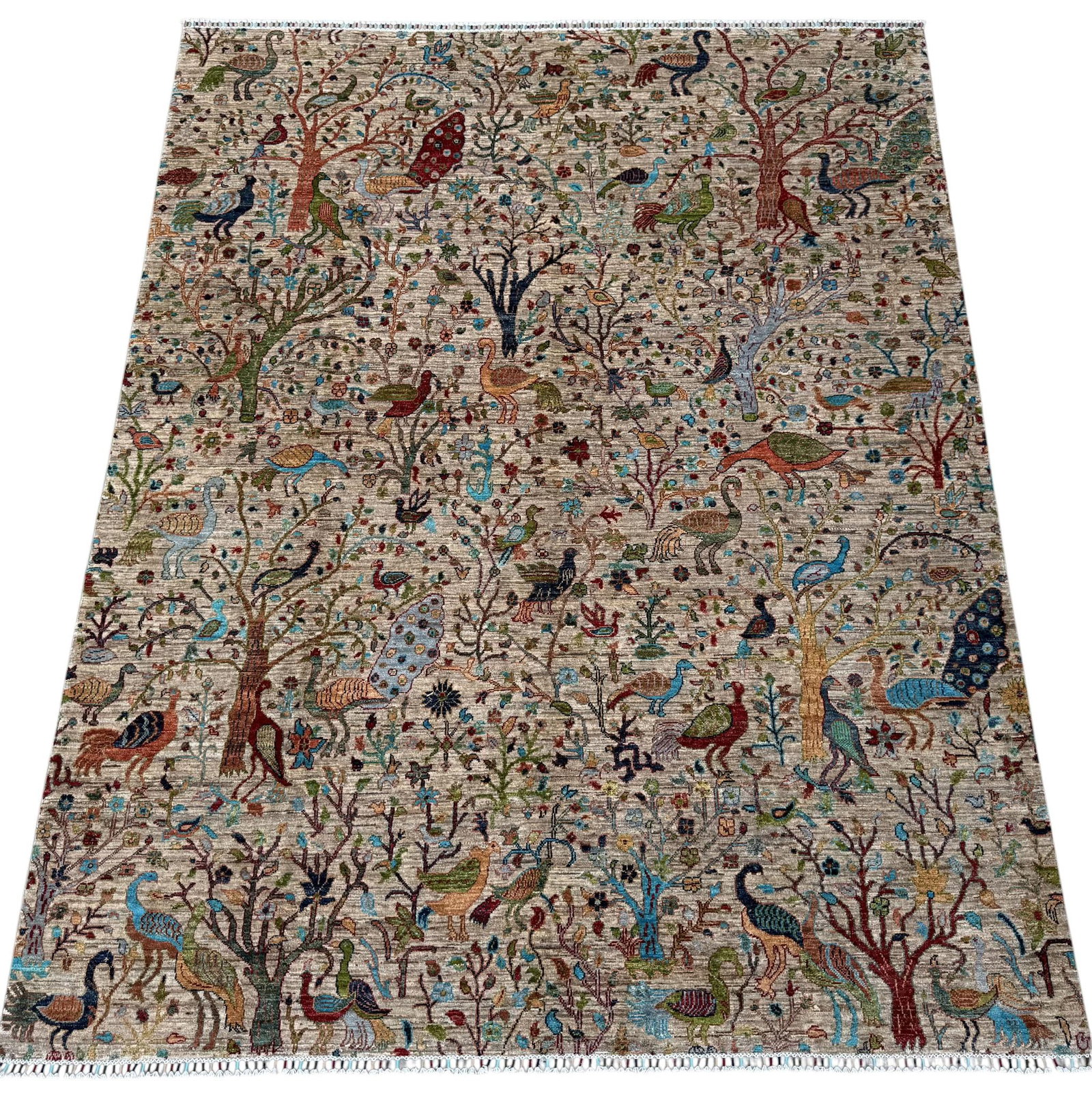 Bird of Paradise Area Rug, Hand-Knotted Wool, Pictorial, 8x10, Beige & Teal - 2