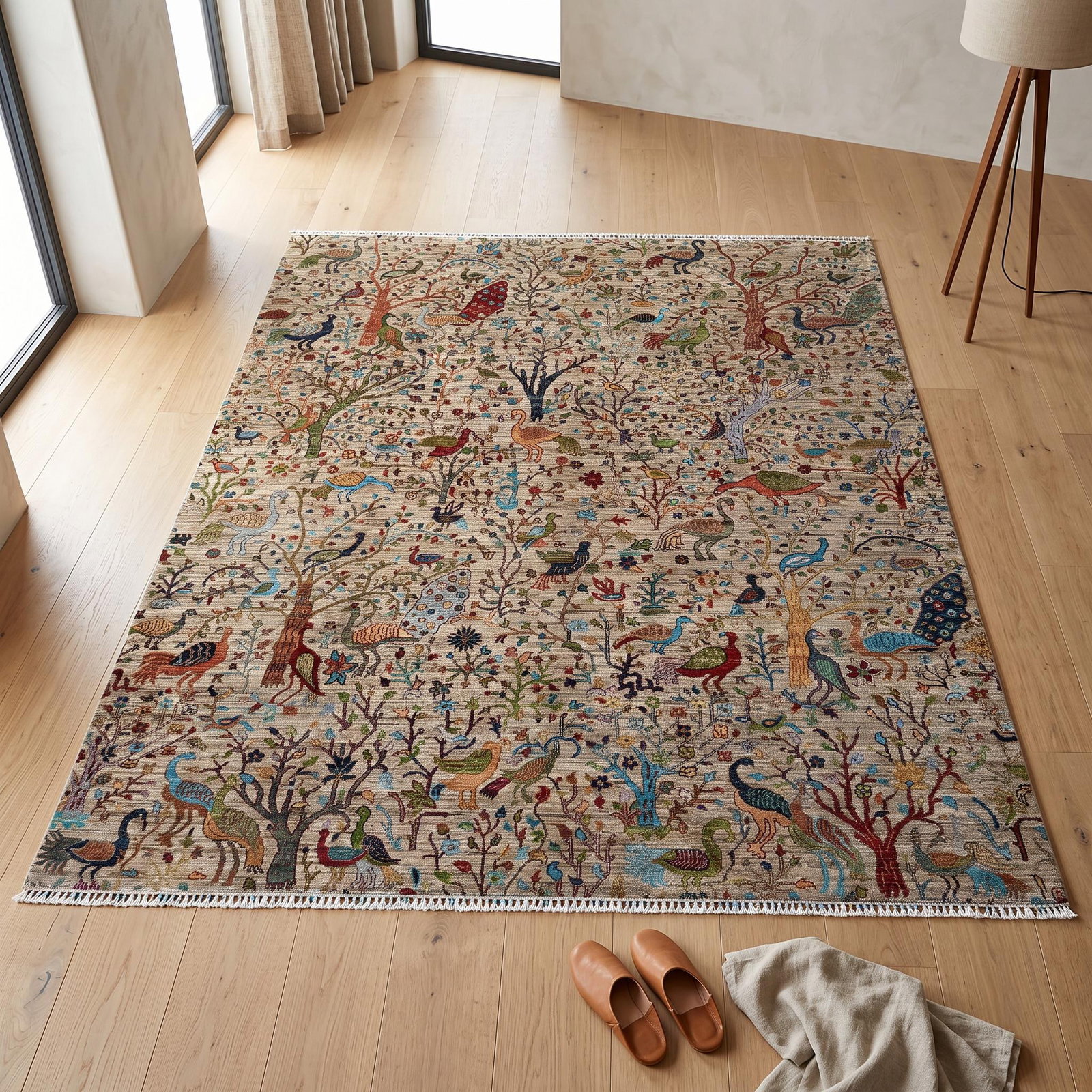 Bird of Paradise Area Rug, Hand-Knotted Wool, Pictorial, 8x10, Beige & Teal - 3
