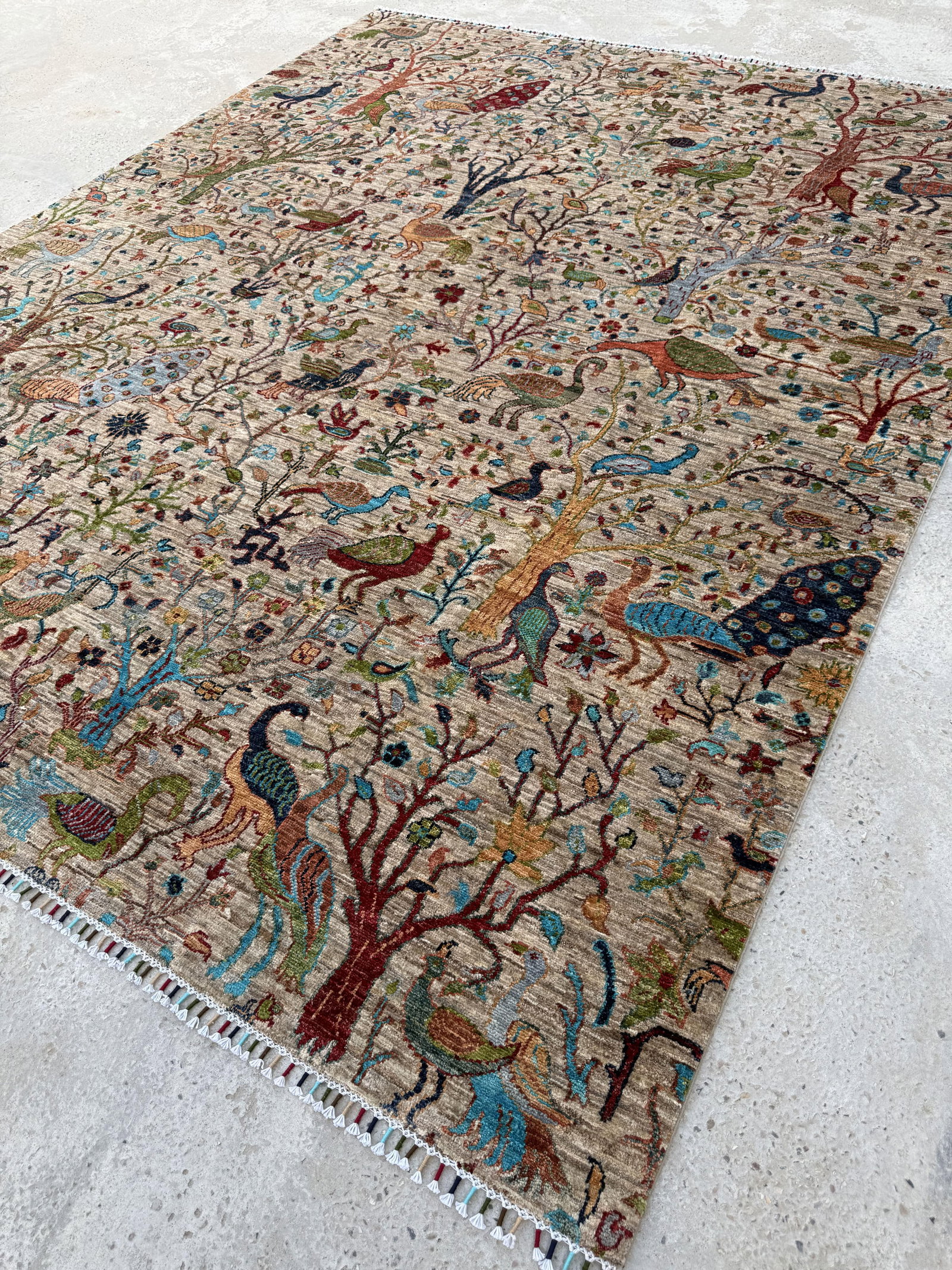 Bird of Paradise Area Rug, Hand-Knotted Wool, Pictorial, 8x10, Beige & Teal - 6