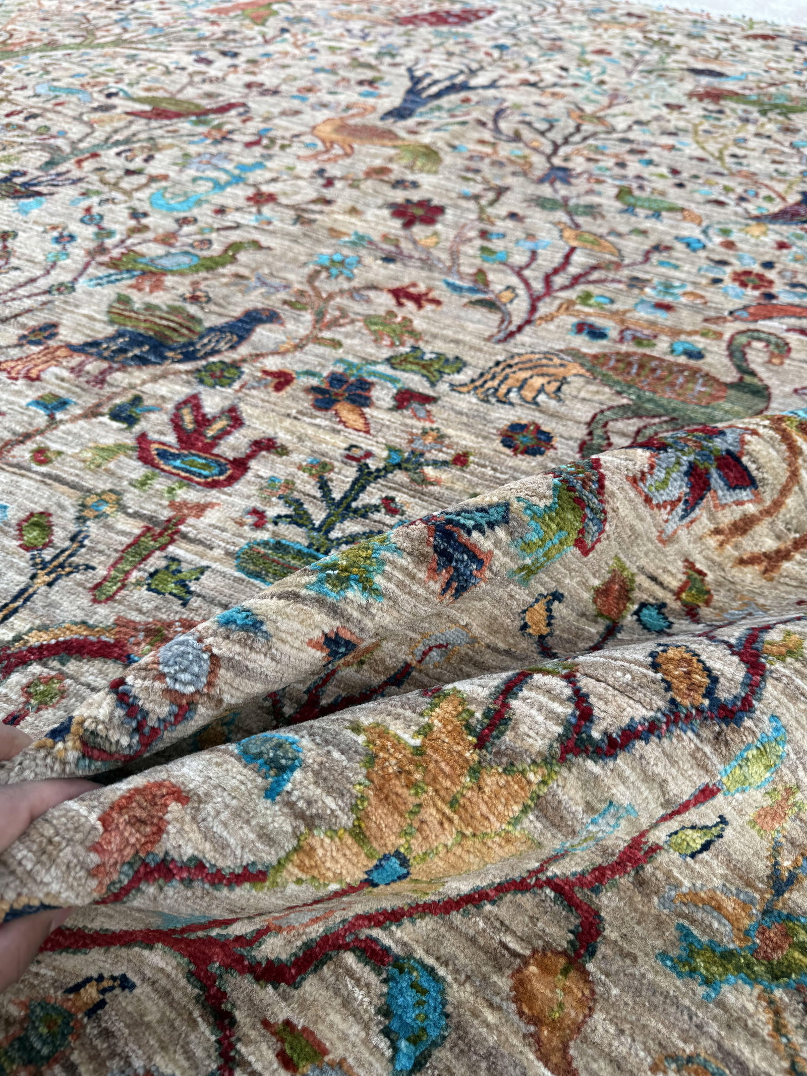 Bird of Paradise Area Rug, Hand-Knotted Wool, Pictorial, 8x10, Beige & Teal - 8