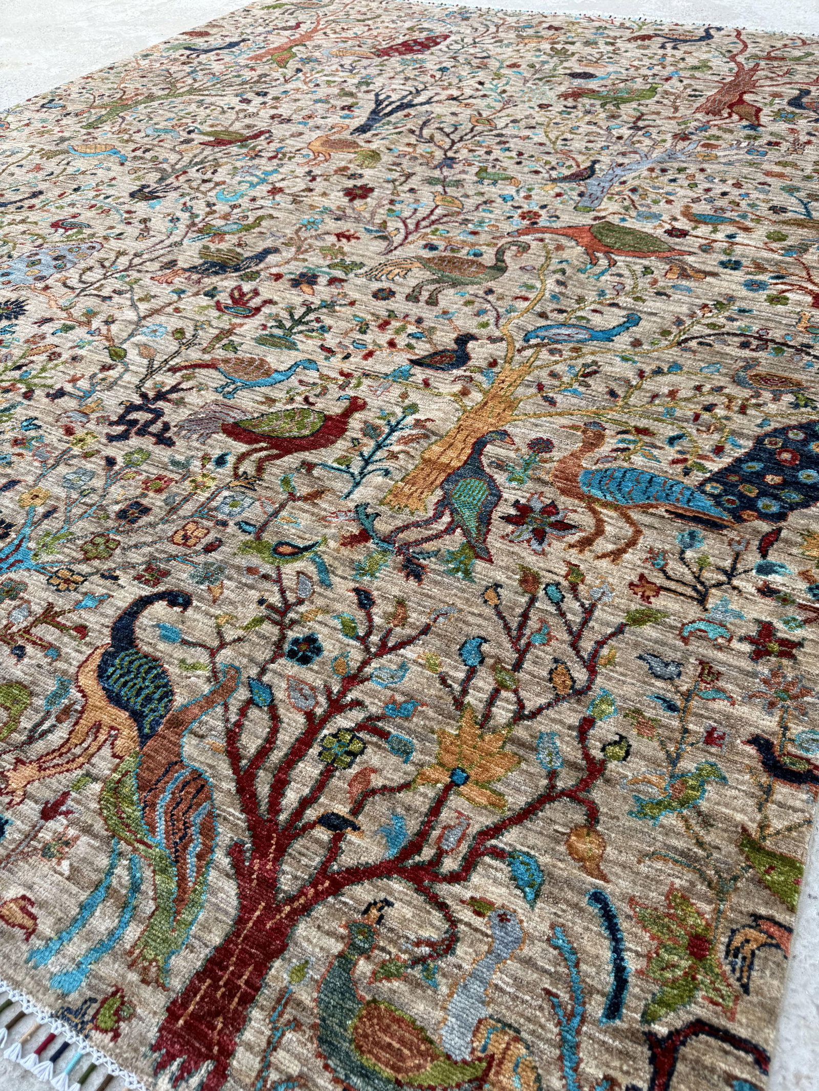 Bird of Paradise Area Rug, Hand-Knotted Wool, Pictorial, 8x10, Beige & Teal - 9
