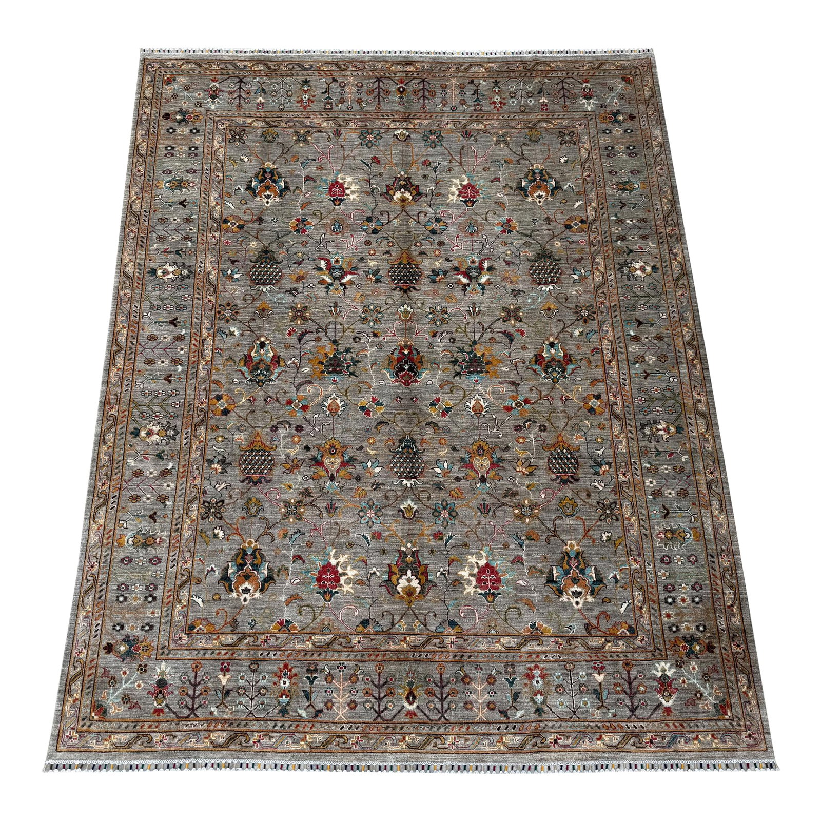 Sultanabad Design Area Rug, Hand-Knotted Wool, 8x10, Gray & Rust: A hand-knotted area rug in the Sultanabad design, worked on a soft silver-grey ground with an allover garden pattern in teal, rust, gold, crimson, ivory and deep brown. Woven in Afghanistan by hand,