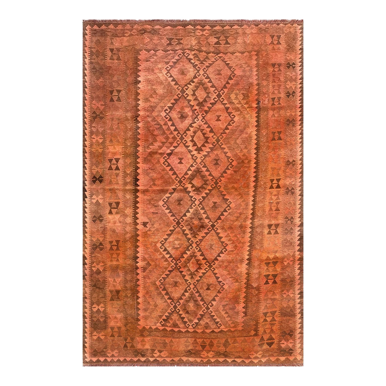Vintage Overdyed Medallion Kilim Rug, Handwoven Wool, 6x10, Terracotta: A vintage handwoven Maimana kilim from northern Afghanistan, overdyed in a warm terracotta. Maimana, in Faryab province, is the flatweave heart of the country, and this piece has been given a single-c