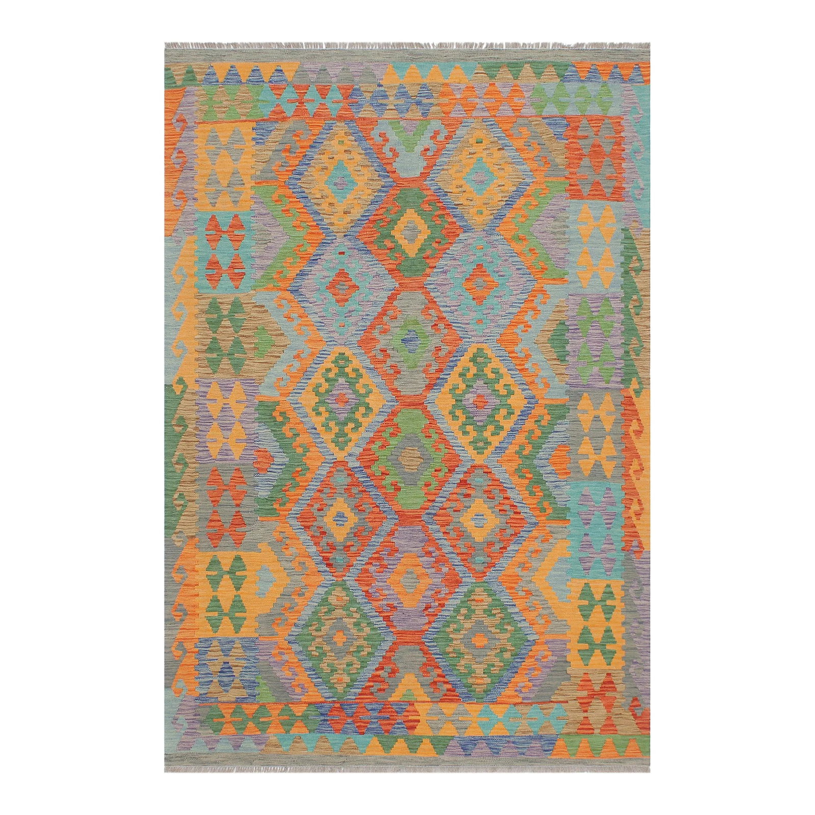 1990s Vintage Kilim Blue Gray Wool Rug - 5'2" X 6'8": "Add a touch of elegance to your home with this casual chic hand woven Tribal Kilim wool rug. Constructed on a loom by Nomad Turkman people with hand-spun wool and 100% Natural Vegetable dyes these be