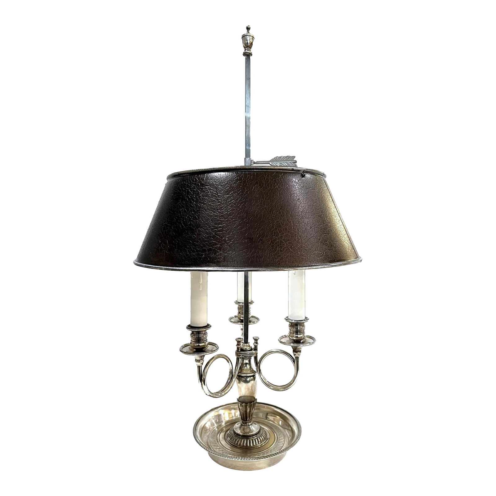 Vintage Silver Plated Bouillotte Lamp - Three Arms: Charming 3-arm vintage brass "Bouillotte lamp. Silver plated. Adjustable leather textured black tole shade with turn key. Takes standard candelabra bulbs. Newer wiring with cord switch.. Measures 14" 