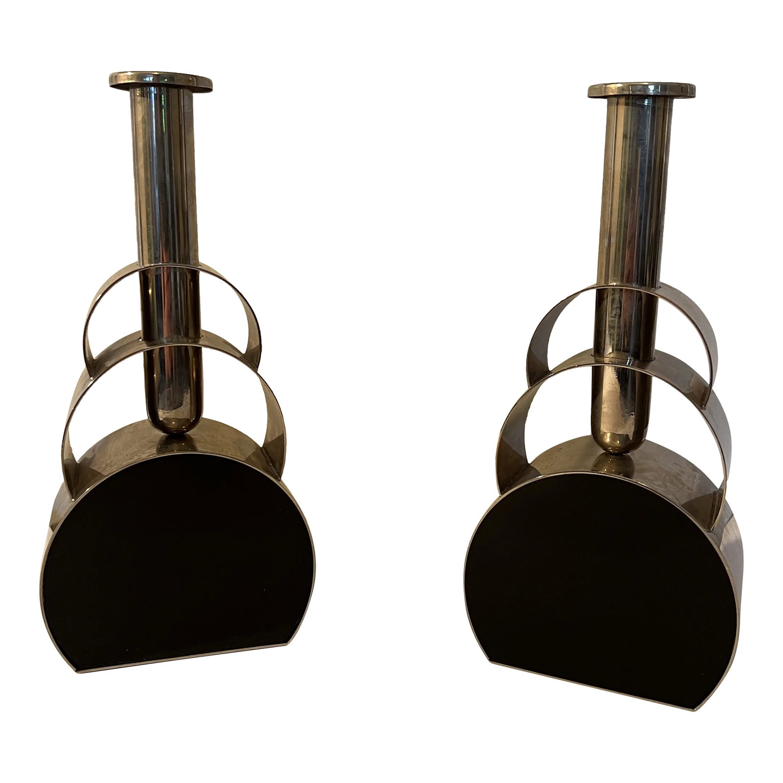 Mid-Century Modern Chrome & Black Enamel Candlesticks or Bud Vases - a Pair: A very unique pair of Mid-Century Modern or Art Deco style chrome & black enameled candlesticks / bud vases. Shockingly unmarked. Very cool! Condition: Alterations: Original Condition Unaltered