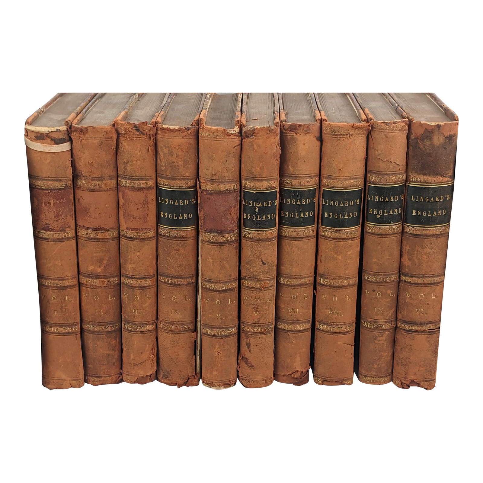 1855 John Lingard's Illustrated History of England, Complete 10-Volume Leather Set: An authentic complete ten-volume antique set of John Lingard's celebrated The History of England: From the First Invasion by the Romans to the Accession of William and Mary in 1688. Published in Londo