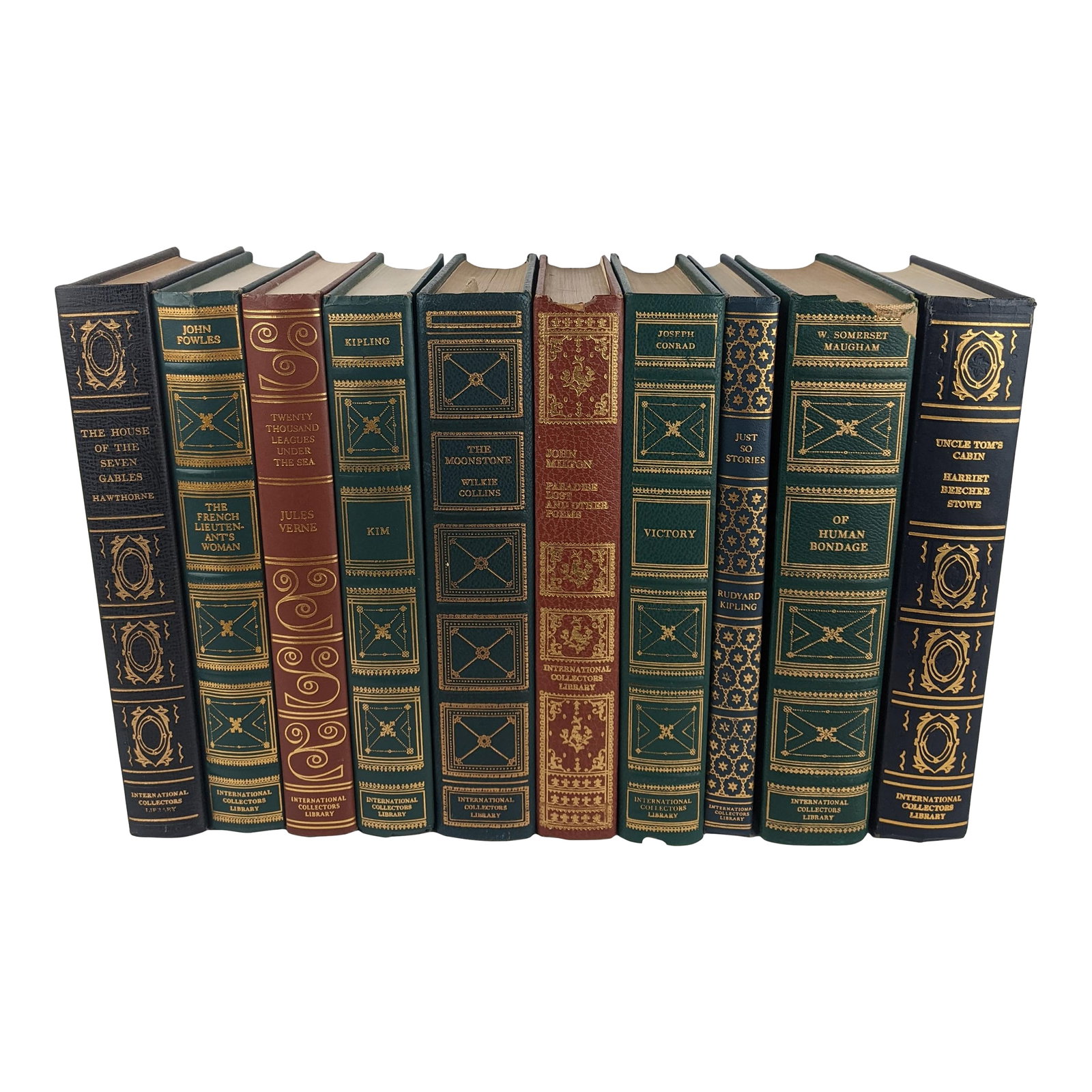 Vintage International Collectors Library Gilt-Bound Classics - Set of 10: Decorative collection of ten vintage International Collectors Library literary classics, presented as a coordinated library set with richly ornamented bindings in deep green, navy blue and burgundy