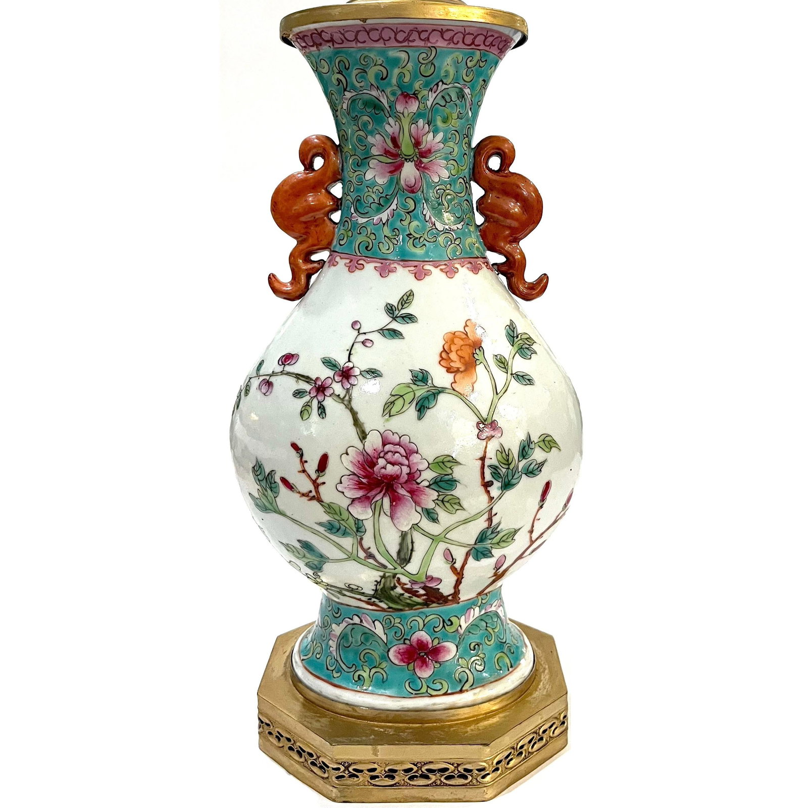 1920s Chinese Famille Rose Porcelain Vase Table Lamp - Newly Rewired - Shade Included - 2