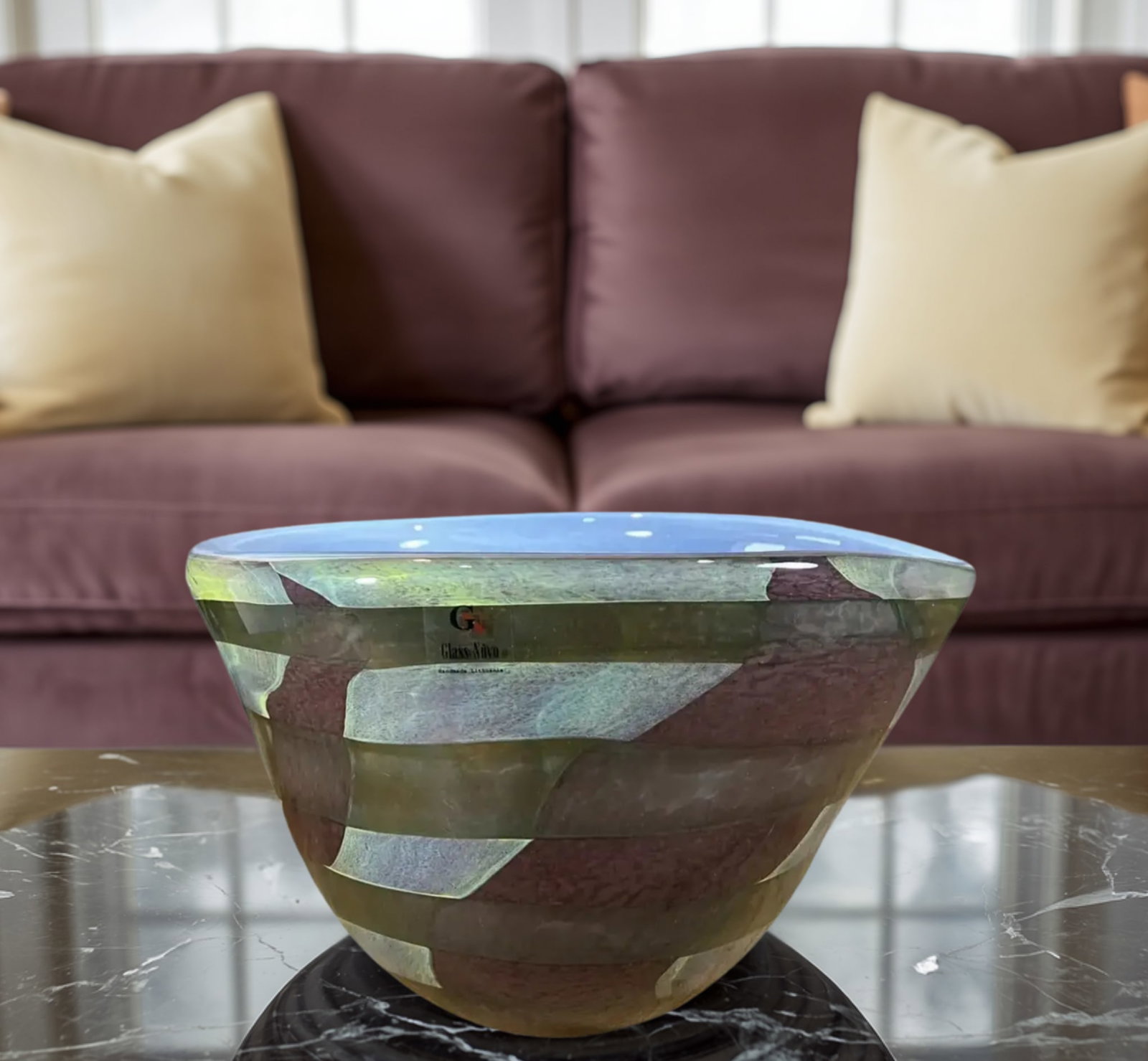 Lithuanian Art Glass Signed Mauve Yellow Centerpiece Bowl - 2