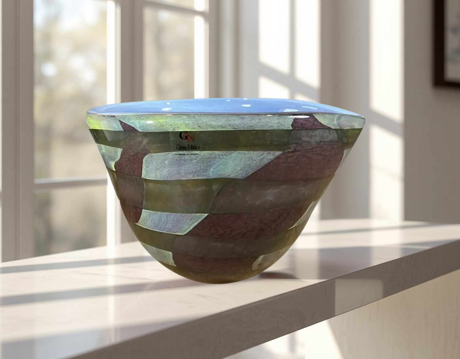 Lithuanian Art Glass Signed Mauve Yellow Centerpiece Bowl - 7