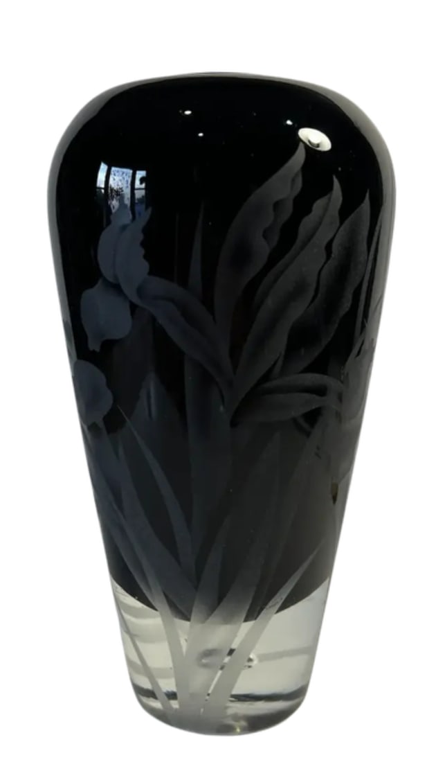 Carl Erickson Biomorphic Art Glass Bowl and Floral Black Sommerso Art Glass Vase Set of 2 - 10