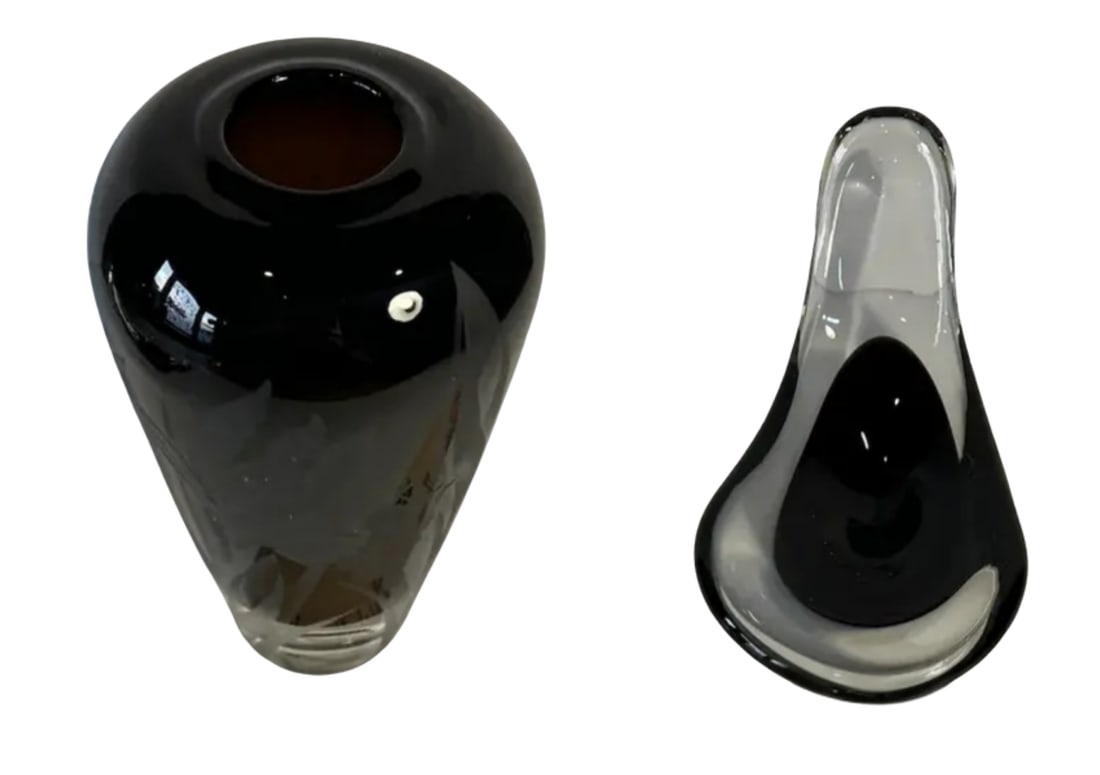 Carl Erickson Biomorphic Art Glass Bowl and Floral Black Sommerso Art Glass Vase Set of 2 - 3