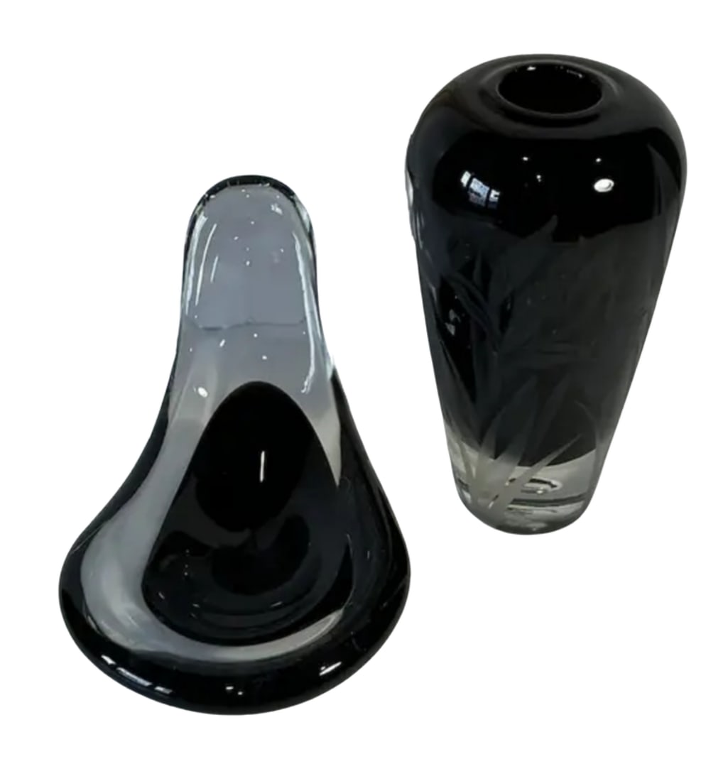 Carl Erickson Biomorphic Art Glass Bowl and Floral Black Sommerso Art Glass Vase Set of 2 - 4