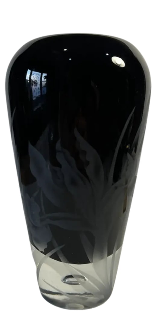 Carl Erickson Biomorphic Art Glass Bowl and Floral Black Sommerso Art Glass Vase Set of 2 - 6
