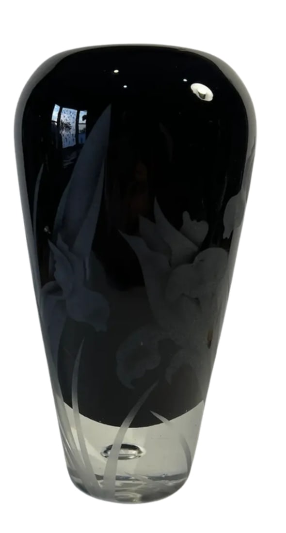 Carl Erickson Biomorphic Art Glass Bowl and Floral Black Sommerso Art Glass Vase Set of 2 - 8