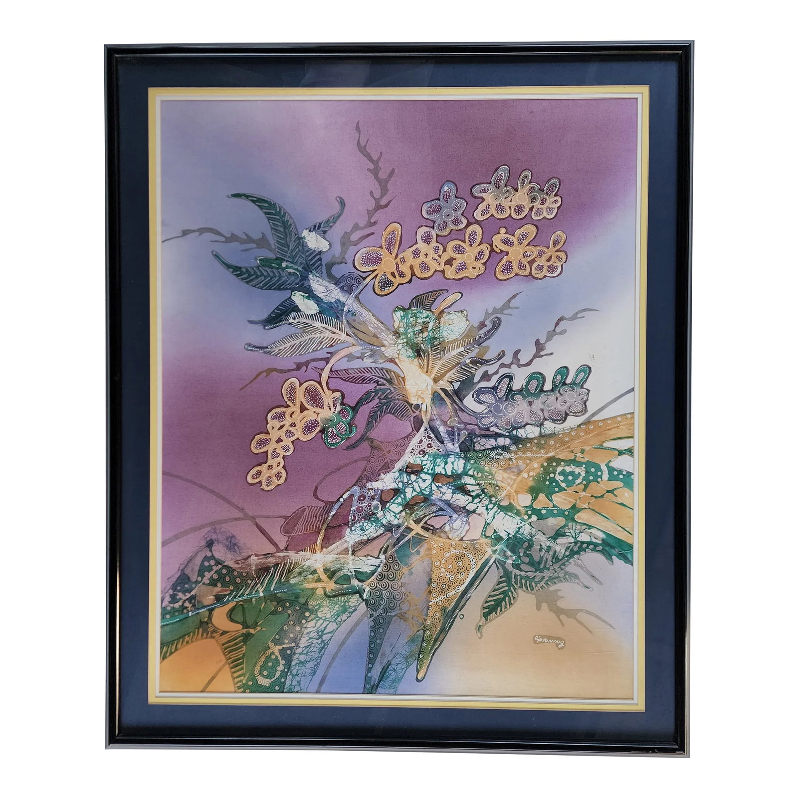 Contemporary Large Framed Batik Attributed Japanese Master Batik Artist M. Yono: Large scale batik painting on cotton, skillfully hand drawn using the canting and tulis technique. This technique uses hot wax applied from the canting's tiny, downward-curved spouts onto the cloth