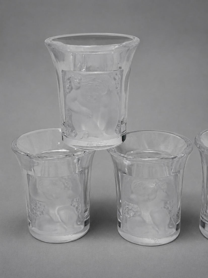 Set of Six (6) Lalique 'Enfants' Crystal Liqueur Shot Glasses, France Signed - 5