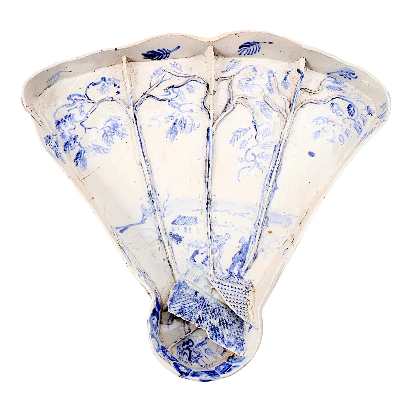 Chinoiserie Fan Shaped Studio Pottery Tea Tray by Kenneth Russell Ferguson: Hand decorated with modern adaptations of traditional Chinoiserie designs - this brutalist slab porcelain fan-shaped tray was created by Kenneth Russell Ferguson. Painter, printmaker, sculptor, cerami