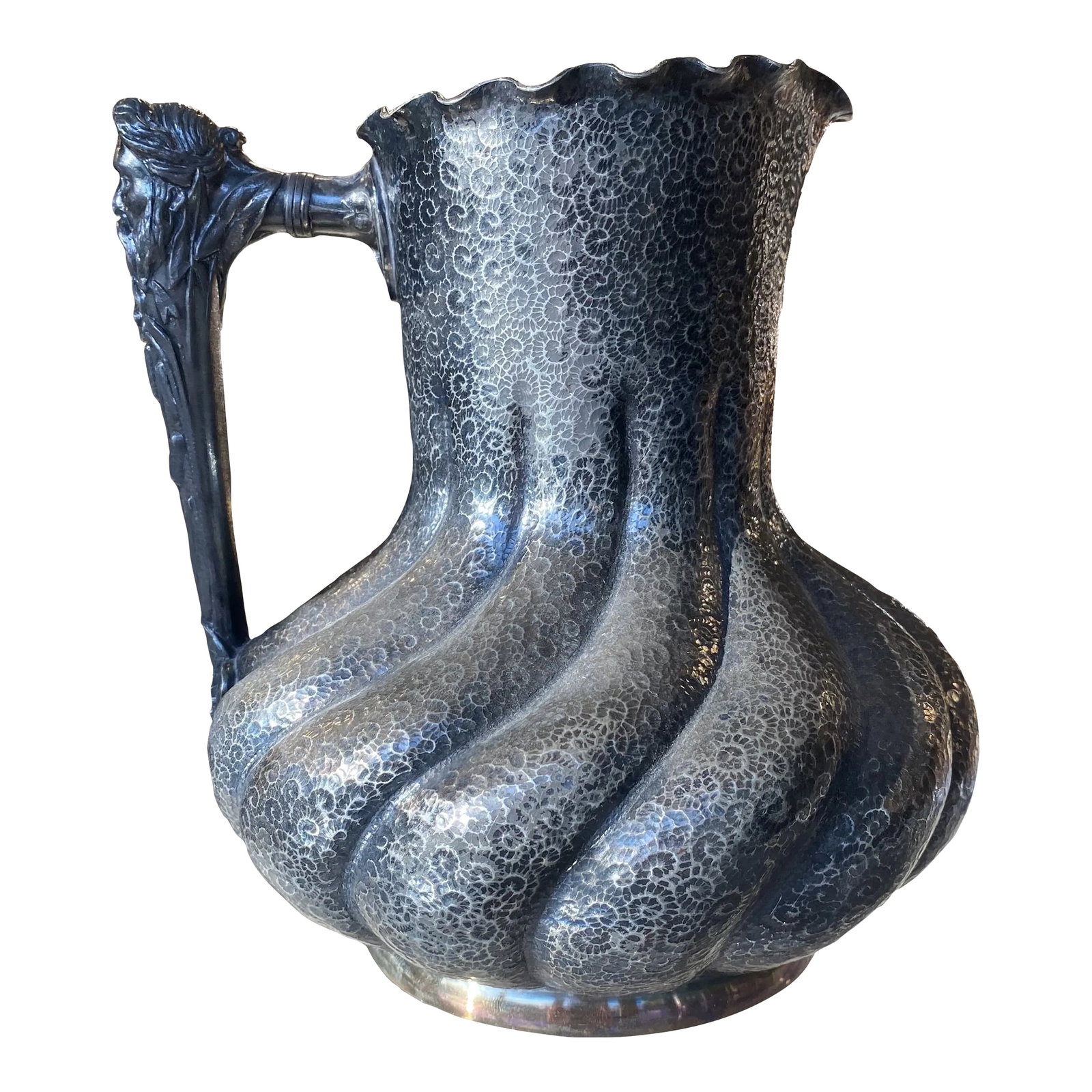 Early 20th Century Custom Antique Reed and Barton Poseidon Handled Water Pitcher: An incredibly rare opportunity for this Reed & Barton water pitcher. Clearly custom made with a miniature swirl design to body, ribbed pumpkin form base and Poseidon form handle. Condition: Alteration