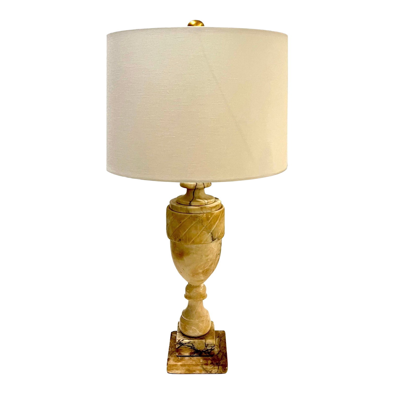 1920's Carved Alabaster Urn Table Lamp - Newly Wired - New Shade: What could be more classic than a neoclassical urn carved from alabaster? Which features an ivory ground with brown and deep gold veining. Taking the form of a table lamp - newly rewired. And to top