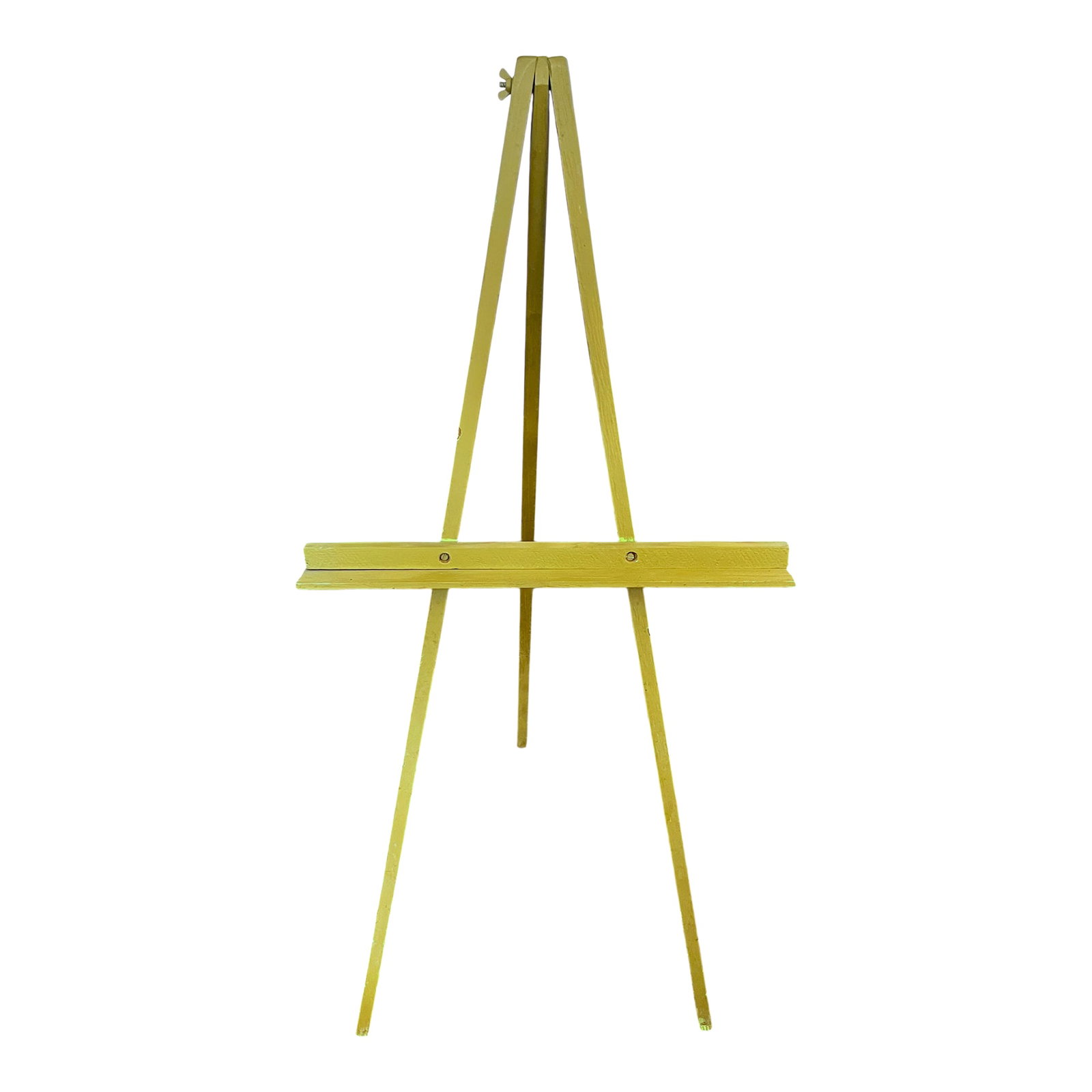 Vintage Chartreuse Painted Wood Artist's Display Easel, 36": A charming vintage wooden artist's easel painted in a vibrant chartreuse yellow-green finish. Its simple tripod construction and slender proportions give it a wonderfully graphic quality, while the