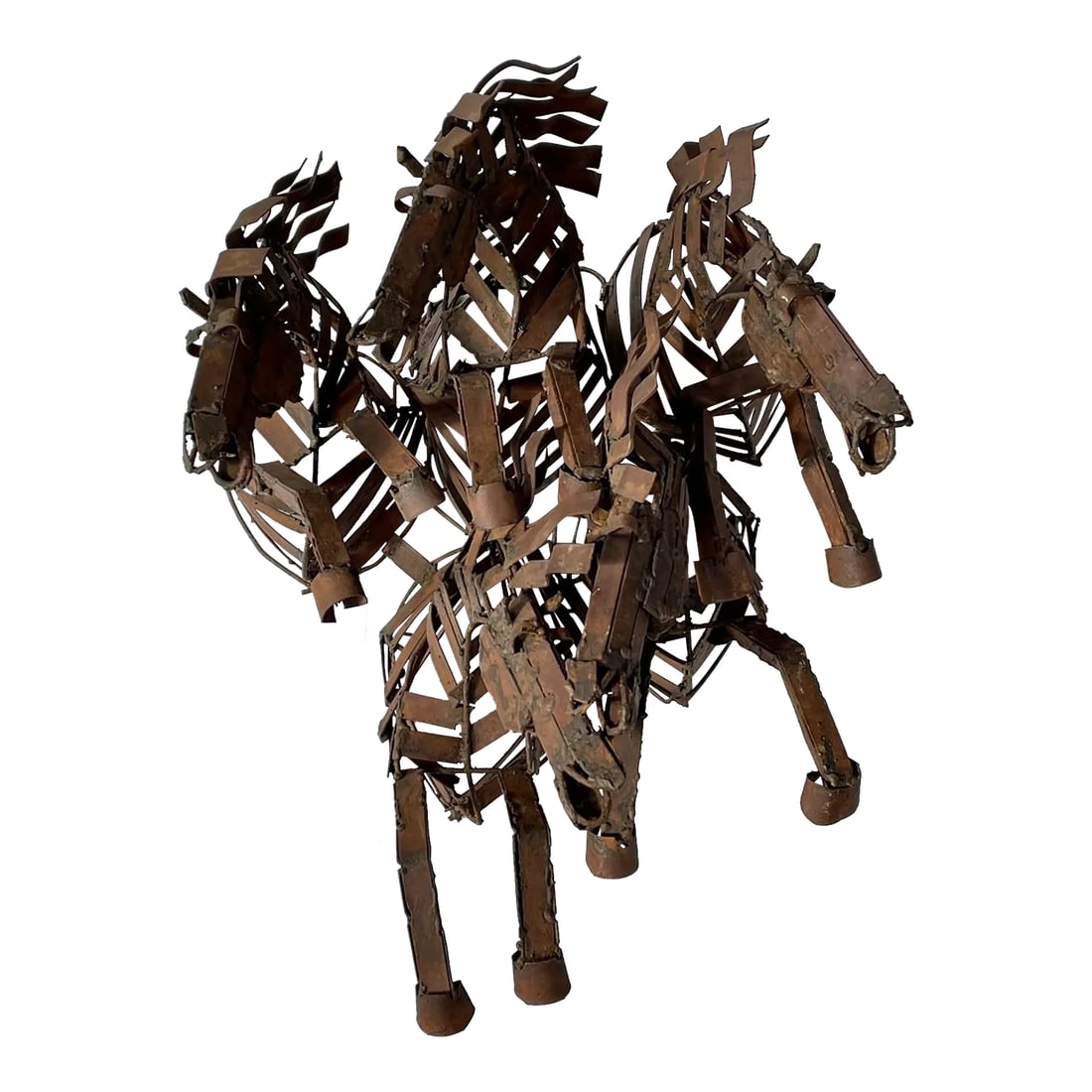 Wild Stallions Oxidized Metal Wall Hanging: This herd of wild horses appears to emerge from the wall. An assemblage of oxidized metal strips with a deliberately weathered patina, it features a rustic array of color from rusty sienna to rich