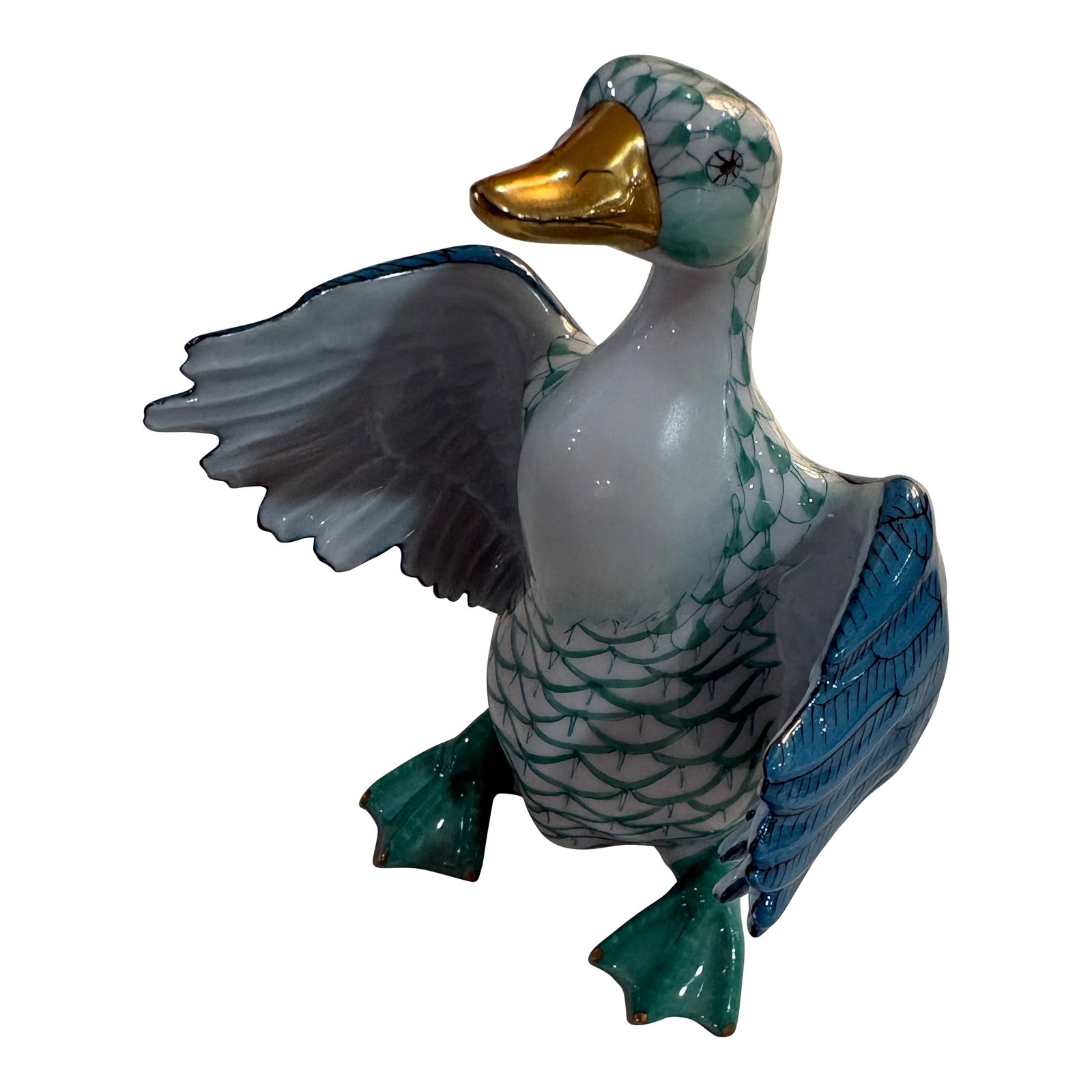 Herend First Edition Green Fishnet Goose With Open Wings - Model 15588 Style (1 of 7)