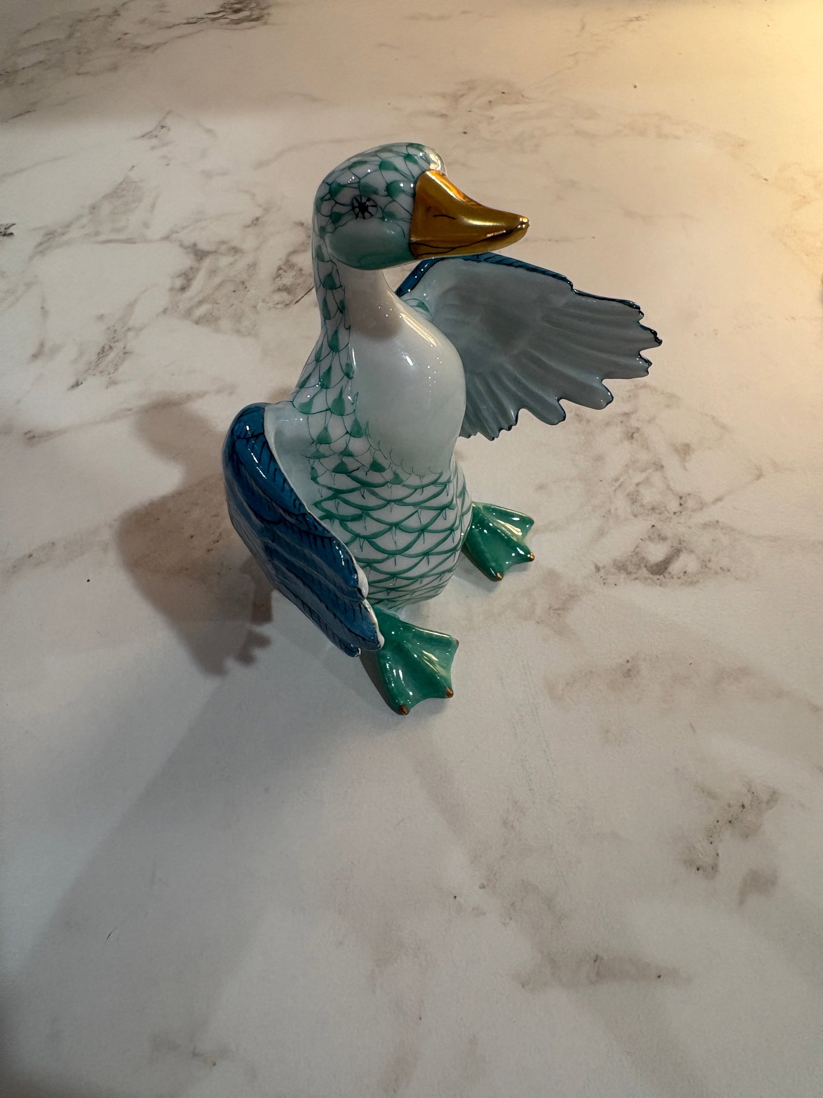 Herend First Edition Green Fishnet Goose With Open Wings - Model 15588 Style - 2