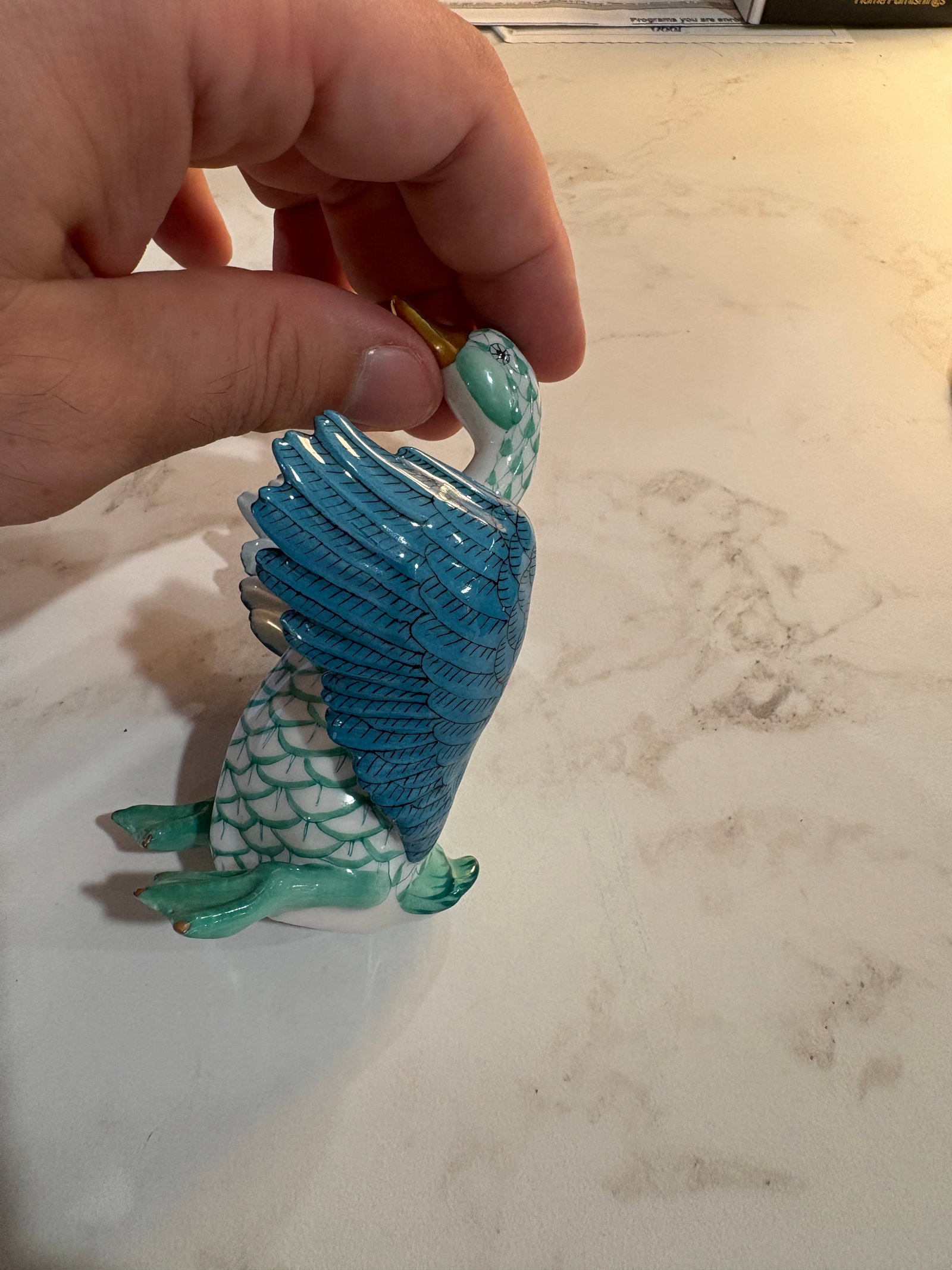 Herend First Edition Green Fishnet Goose With Open Wings - Model 15588 Style - 4