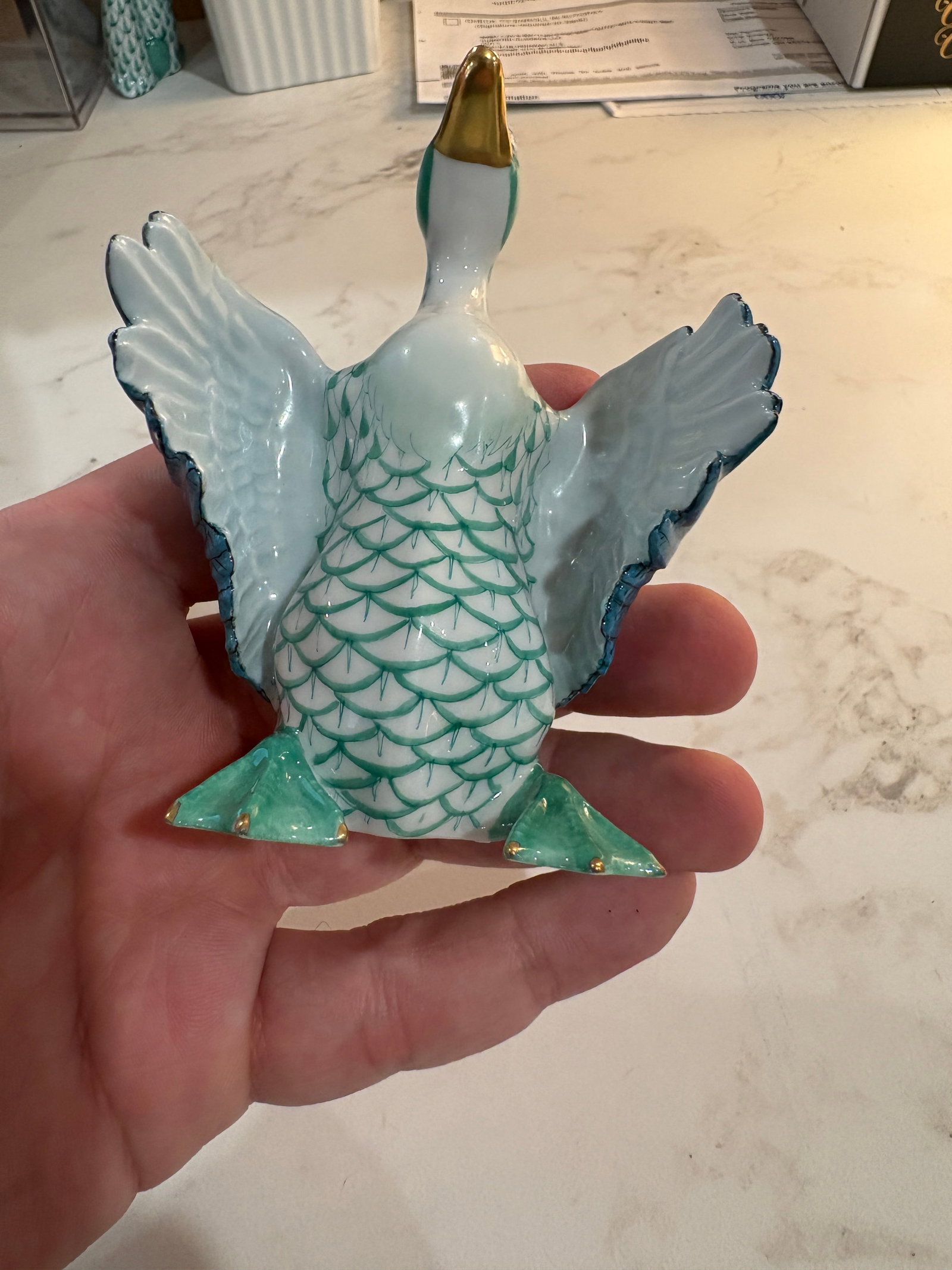 Herend First Edition Green Fishnet Goose With Open Wings - Model 15588 Style - 6