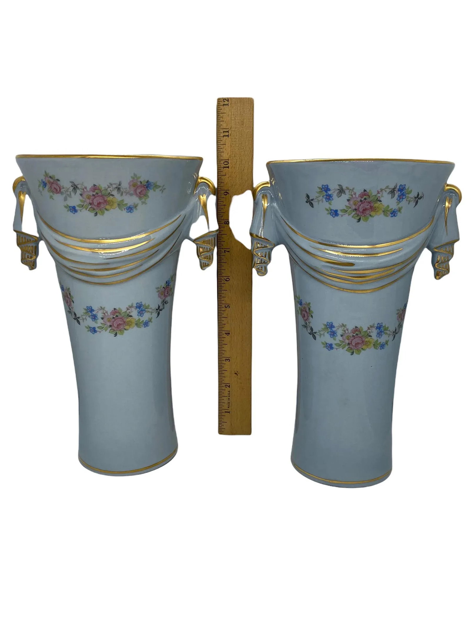 Mid 20th Century Baby Blue Ceramic Vases With Gold Trim and Floral Design - a Pair - 10